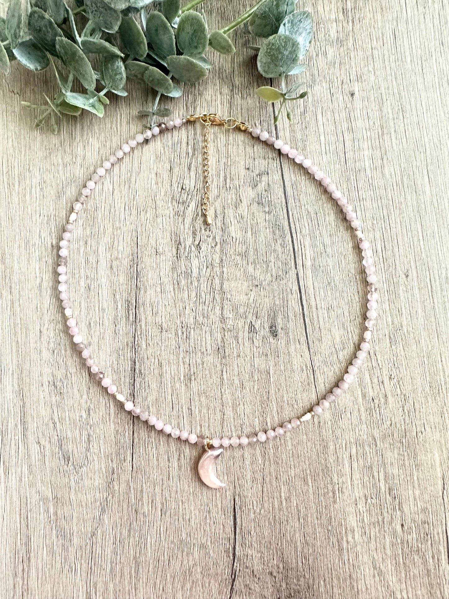 Rose Quartz Freshwater Pearls Beaded Crescent Moon  Necklace -Gift-Wedding-Bridesmaid