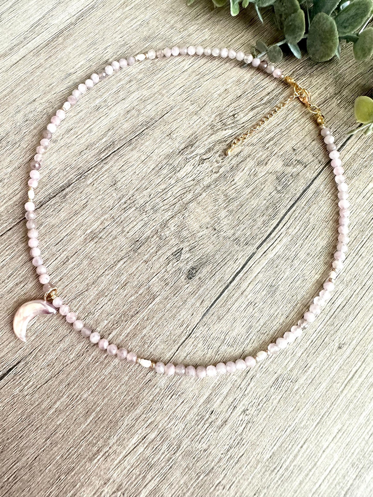 Rose Quartz Freshwater Pearls Beaded Crescent Moon  Necklace -Gift-Wedding-Bridesmaid