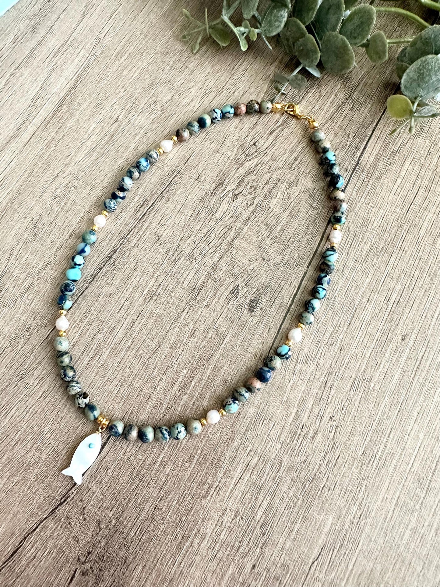 Dark Blue Sea Jasper Beads and Freshwater Pearls Beaded Pearl Fish  Necklace -Gift-Wedding-Bridesmaids