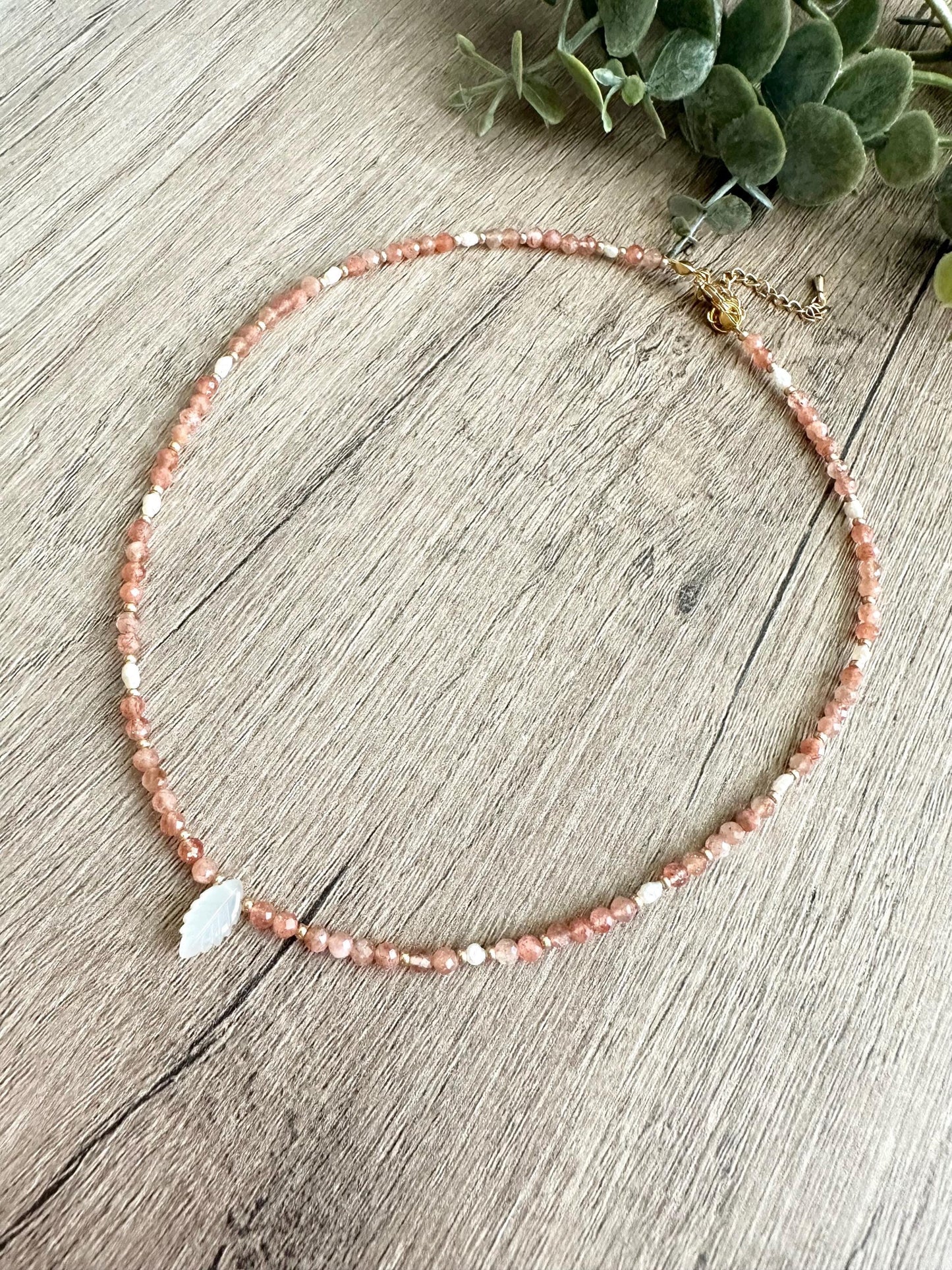 Sunstone and Freshwater Pearls Beaded Pearl Leaf Necklace -Gift-Wedding-Bridesmaid
