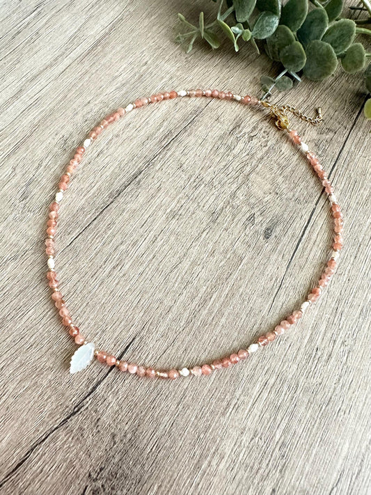 Sunstone and Freshwater Pearls Beaded Pearl Leaf Necklace -Gift-Wedding-Bridesmaid