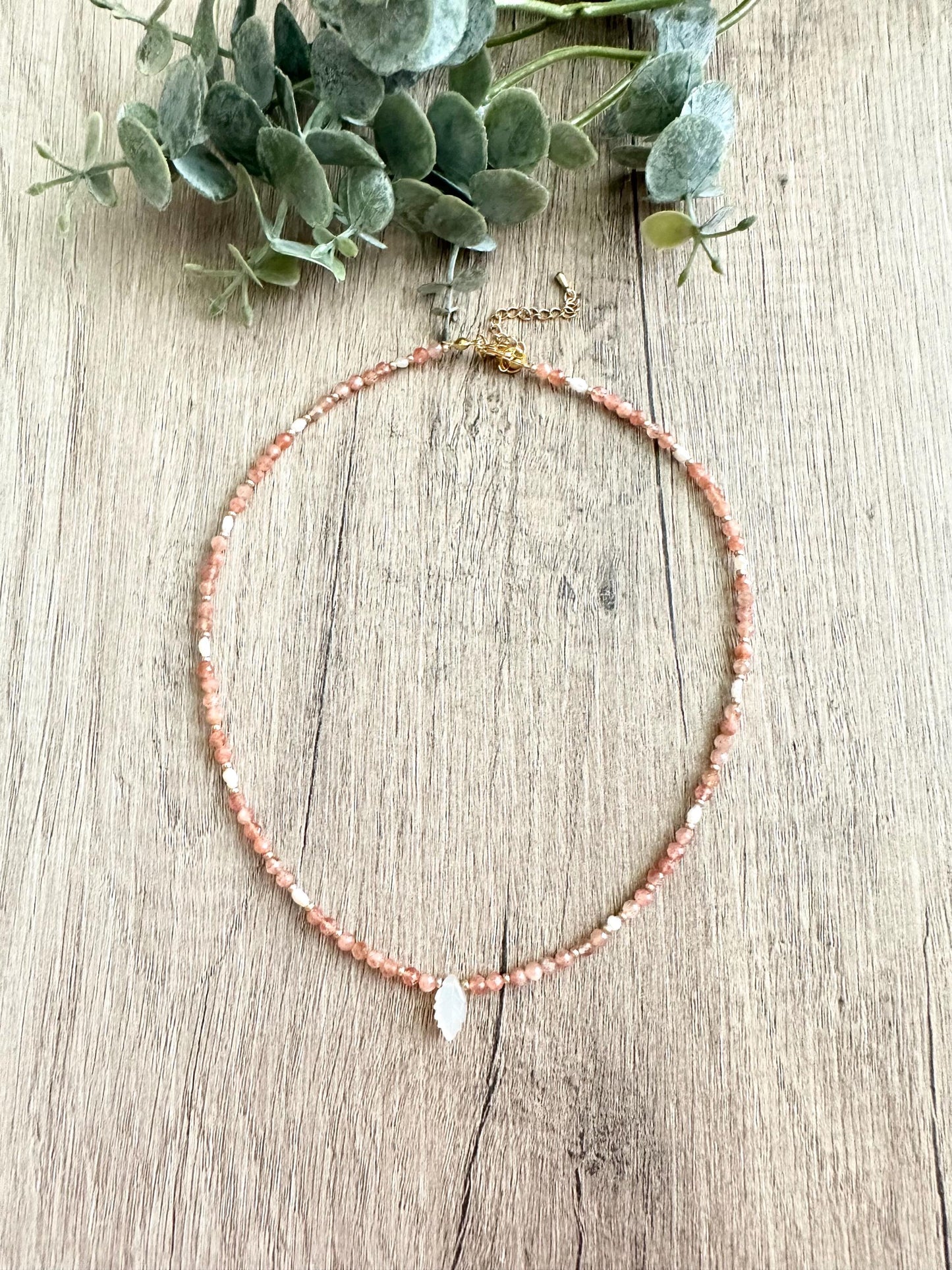 Sunstone and Freshwater Pearls Beaded Pearl Leaf Necklace -Gift-Wedding-Bridesmaid