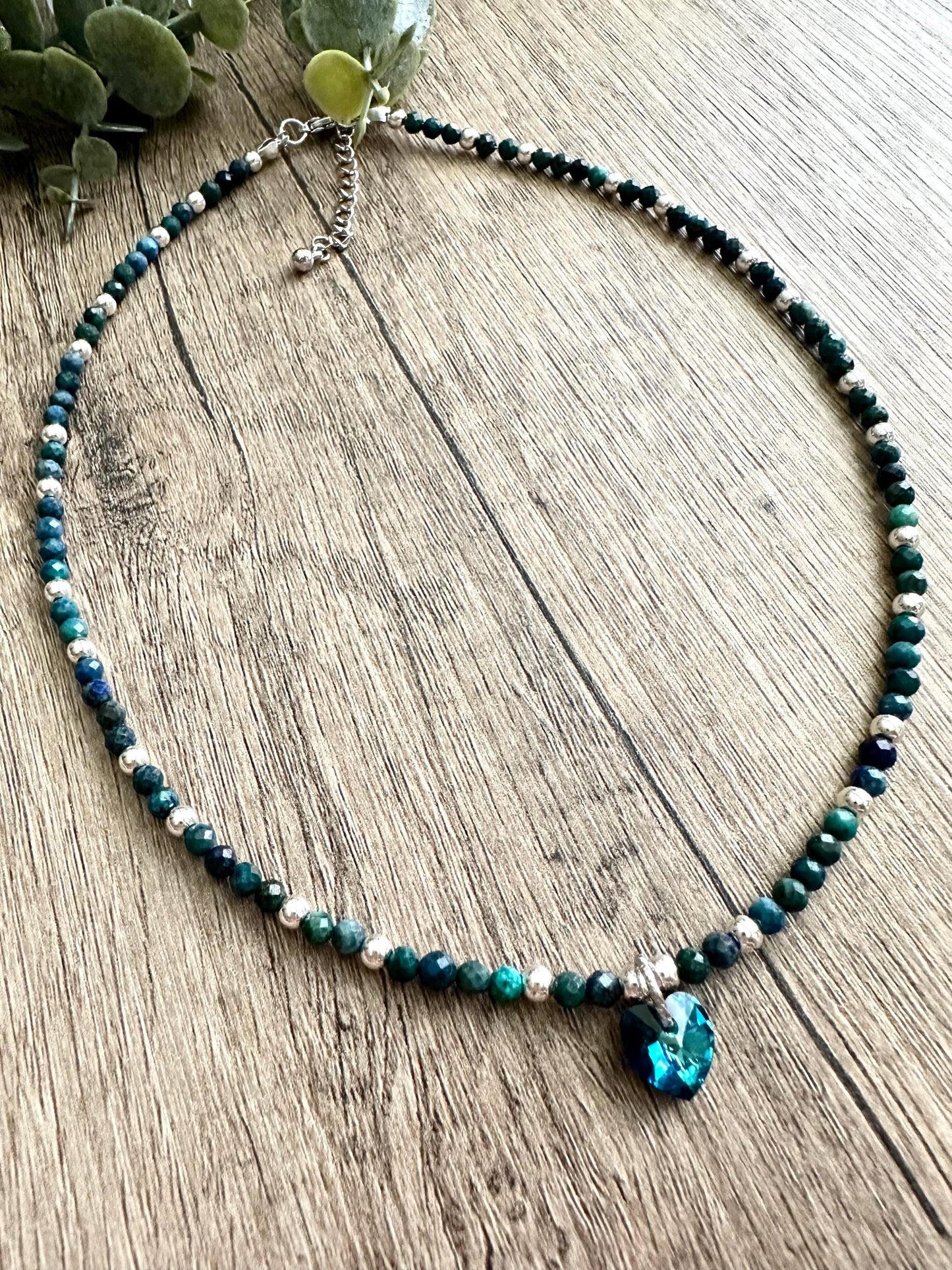 Chrysocolla Faceted Beads with Swarovski Crystal Heart Silver Necklace -Gift-Wedding-Bridesmaid