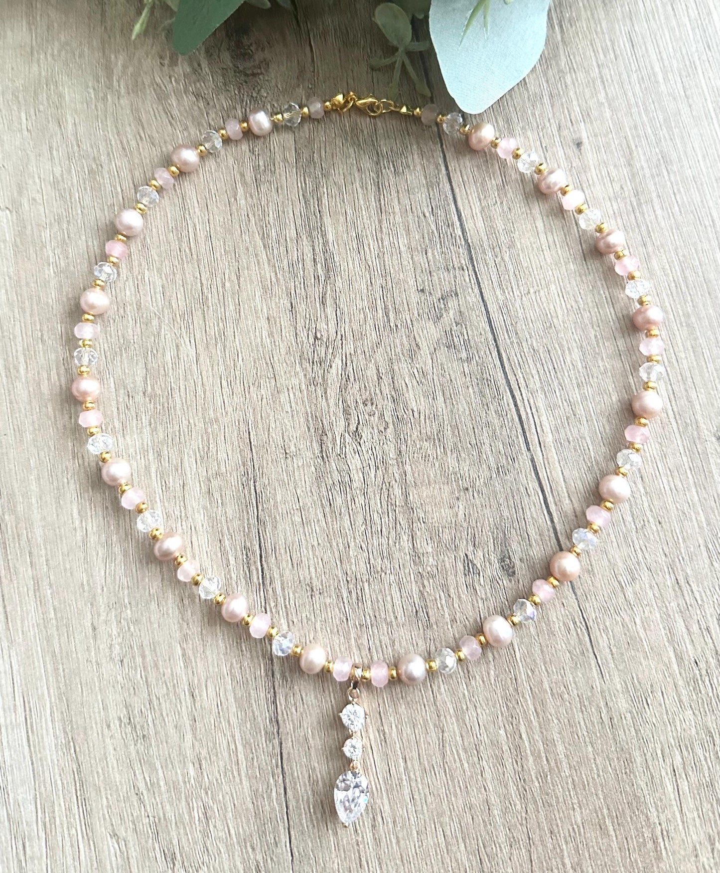 Pink  Beaded CZ Teardrop Pendant Necklace -Gift-Wedding-Bridesmaid