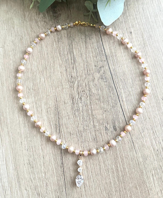 Pink  Beaded CZ Teardrop Pendant Necklace -Gift-Wedding-Bridesmaid