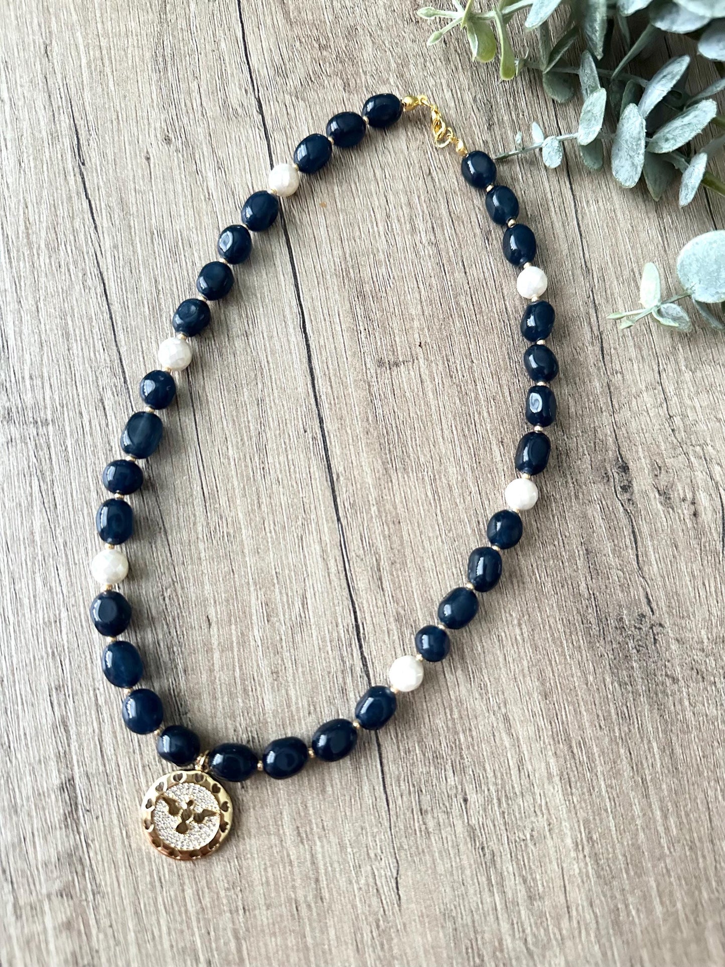 Dark Blue Jade with Freshwater Pearls Dove Pendant Beaded Necklace -Gift-Wedding-Bridesmaid