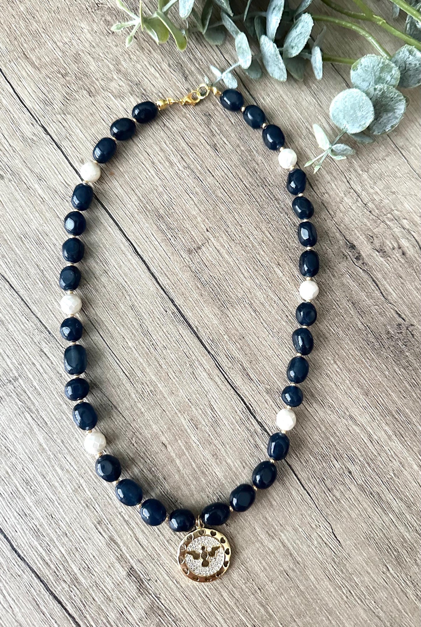 Dark Blue Jade with Freshwater Pearls Dove Pendant Beaded Necklace -Gift-Wedding-Bridesmaid
