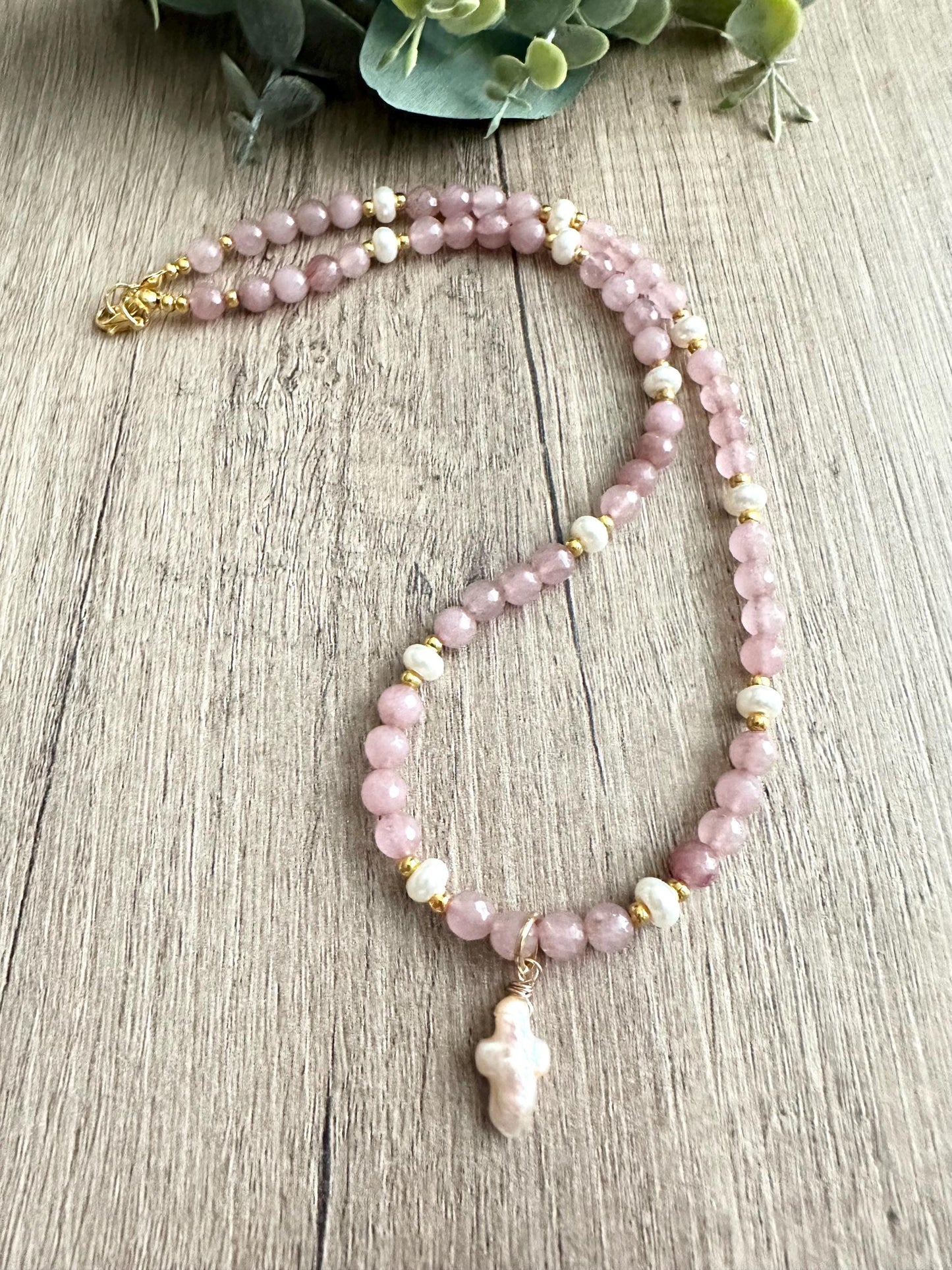 Pink Brown with Pearl Cross Beaded Necklace -Gift-Wedding-Bridesmaid
