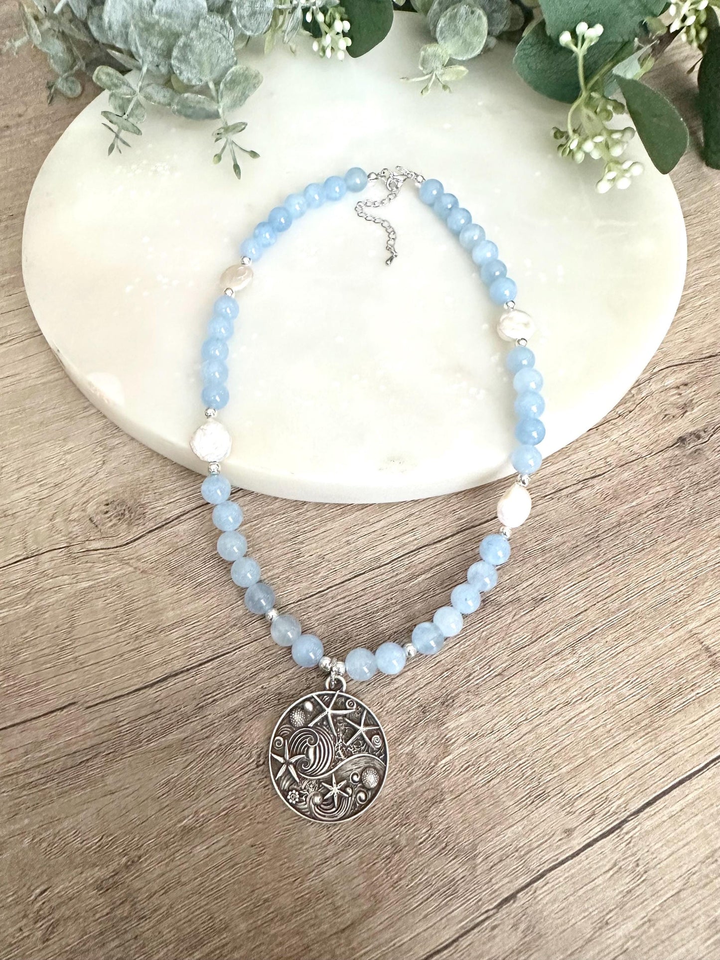 Light Blue Jade and Coin Pearls Beaded Necklace With a Sea Charm Beachy Necklace -Gift-Wedding-Bridesmaid