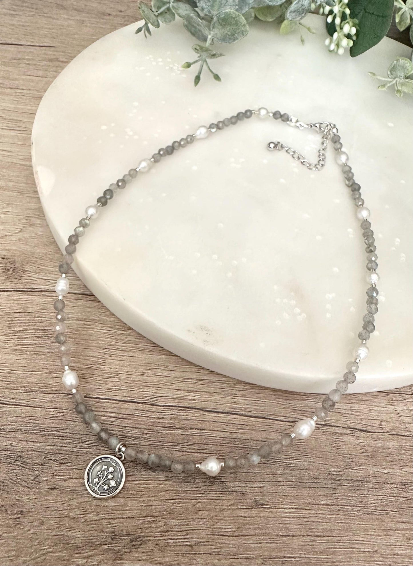 Laborite Beads and Freshwater Pearls Beaded Pearl FLower Necklace -Gift-Wedding-Bridesmaids