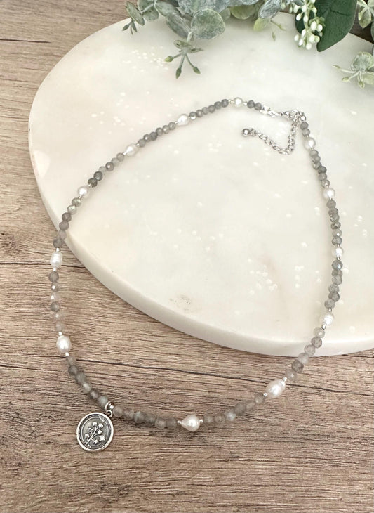 Laborite Beads and Freshwater Pearls Beaded Pearl FLower Necklace -Gift-Wedding-Bridesmaids