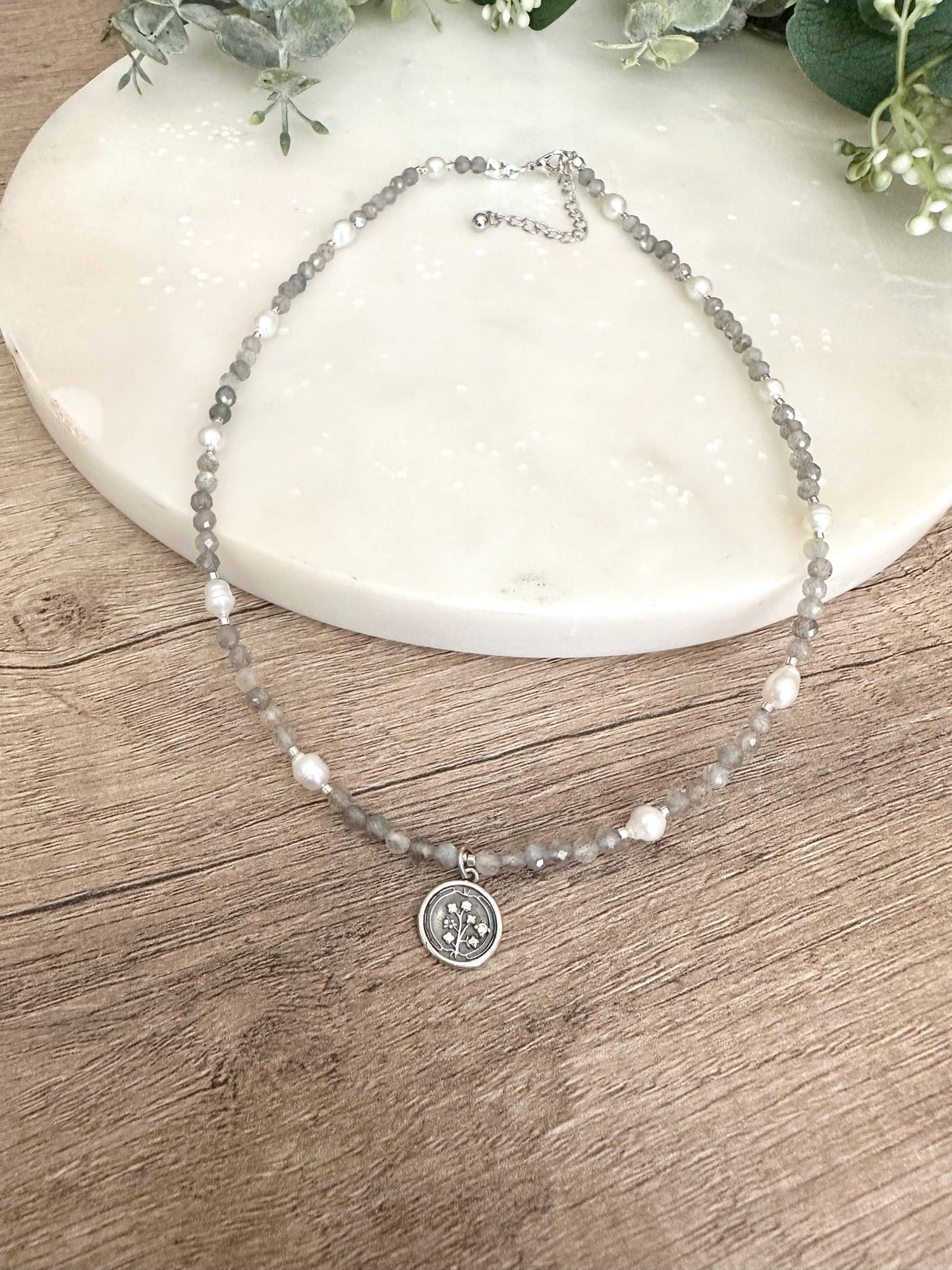 Laborite Beads and Freshwater Pearls Beaded Pearl FLower Necklace -Gift-Wedding-Bridesmaids