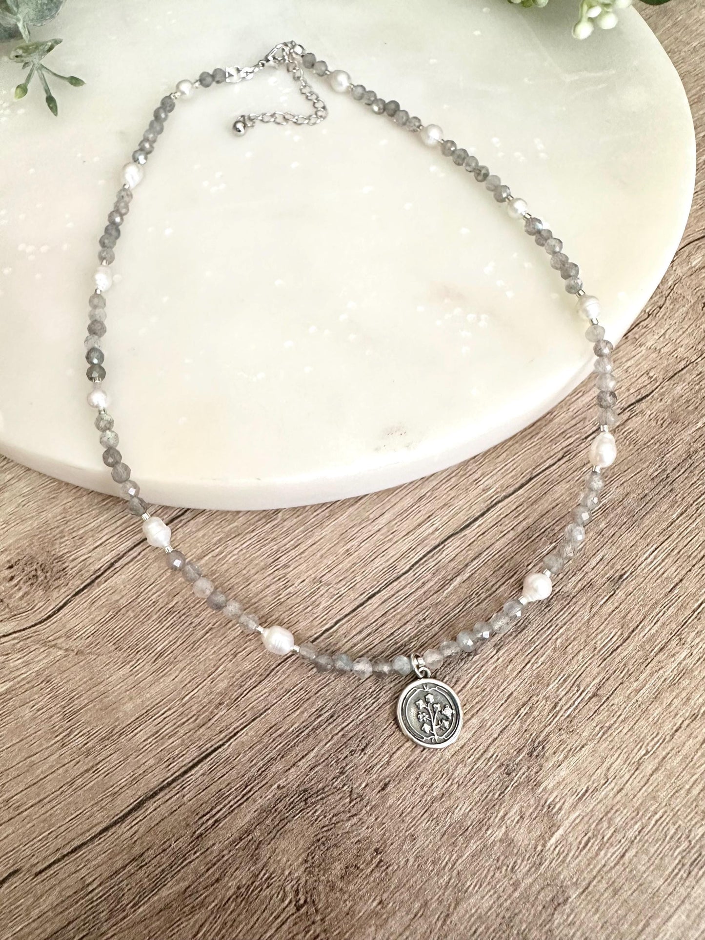 Laborite Beads and Freshwater Pearls Beaded Pearl FLower Necklace -Gift-Wedding-Bridesmaids