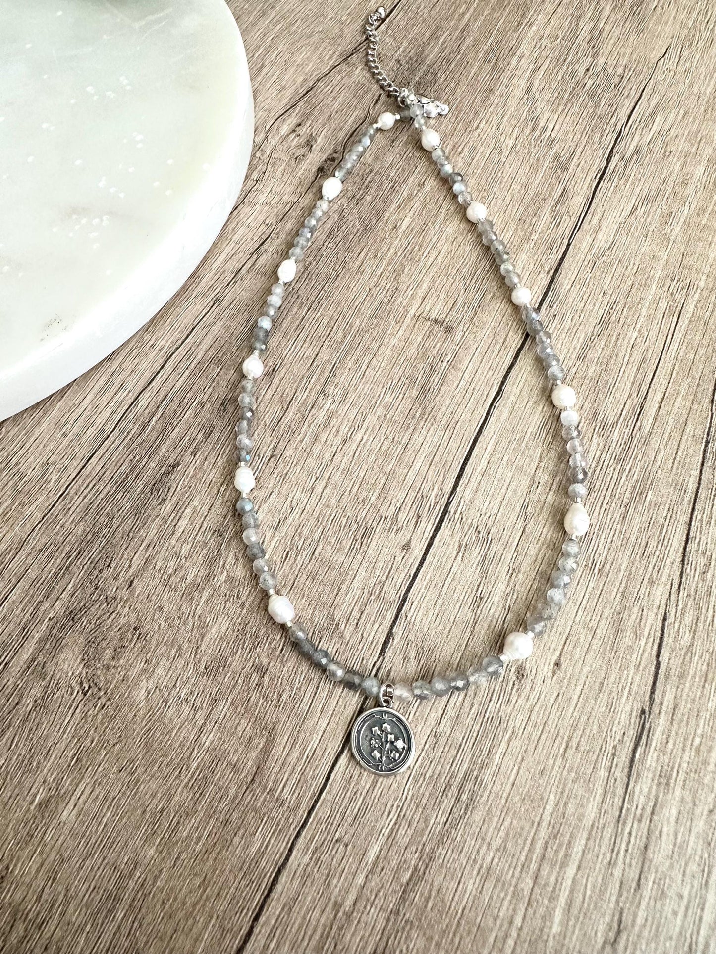 Laborite Beads and Freshwater Pearls Beaded Pearl FLower Necklace -Gift-Wedding-Bridesmaids