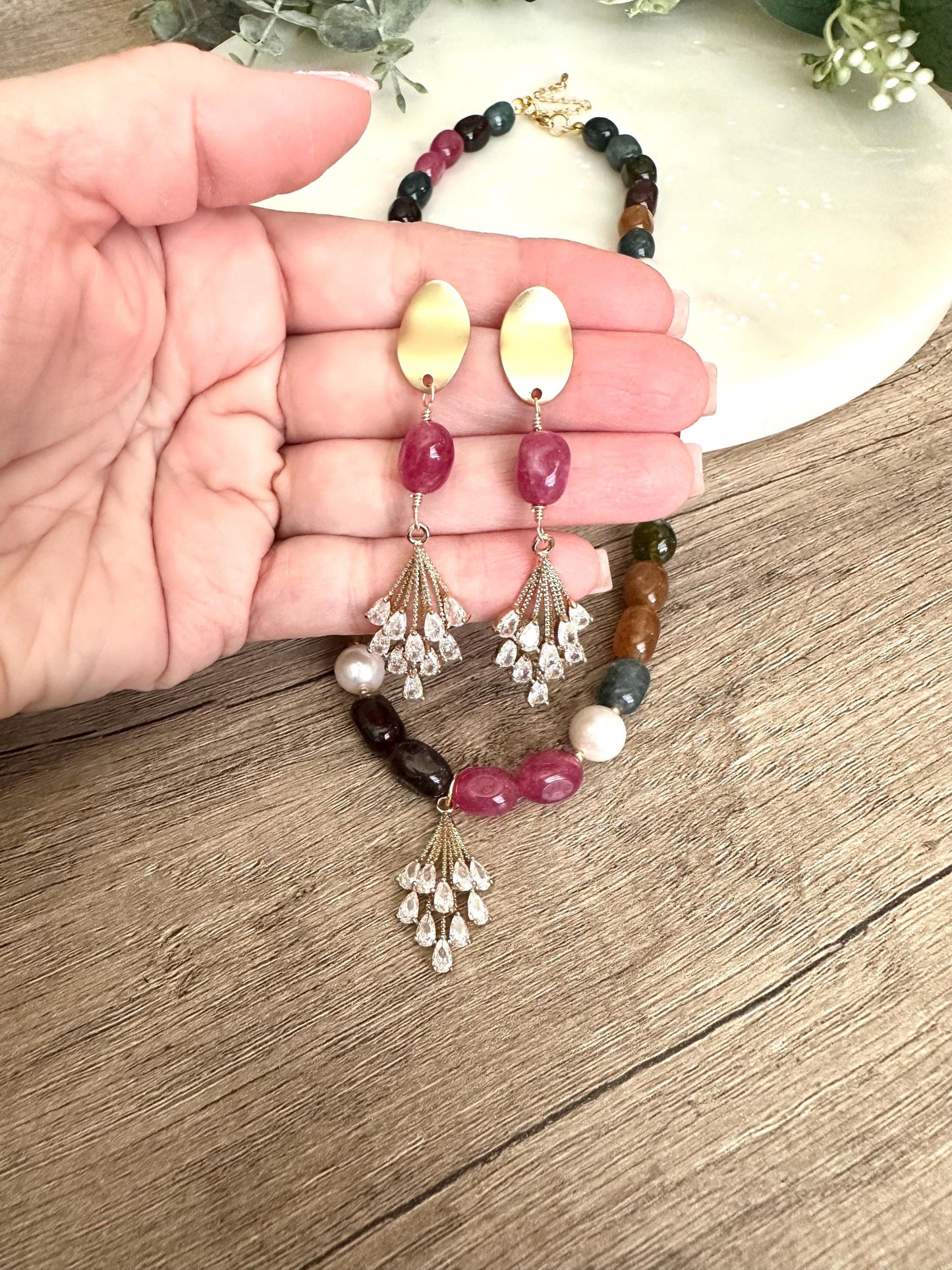 Multicolor Jade Nugget Beads and Freshwater Pearls Beaded Necklace With a Crystal Pendant -Gift-Wedding-Bridesmaids