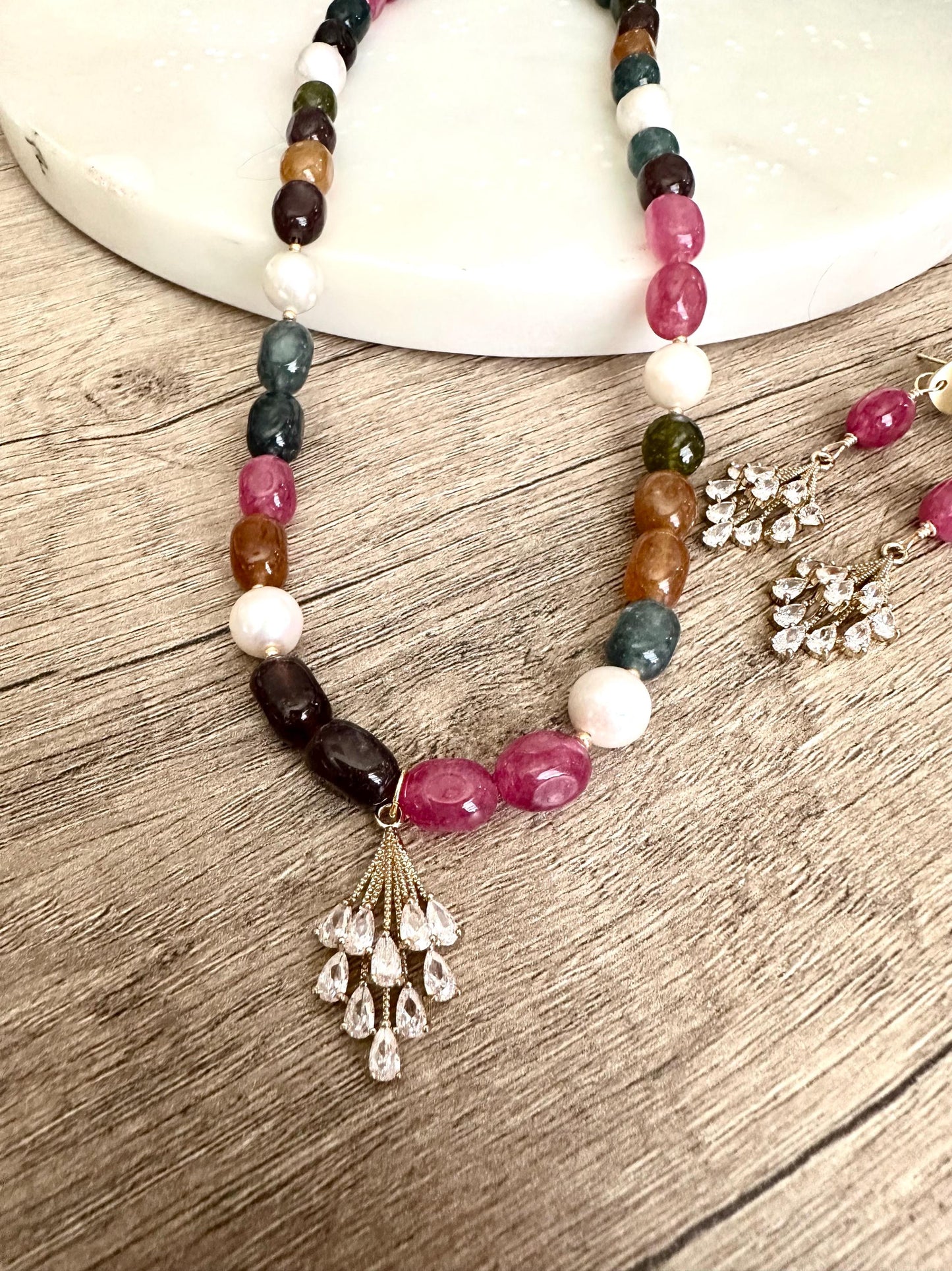 Multicolor Jade Nugget Beads and Freshwater Pearls Beaded Necklace With a Crystal Pendant -Gift-Wedding-Bridesmaids