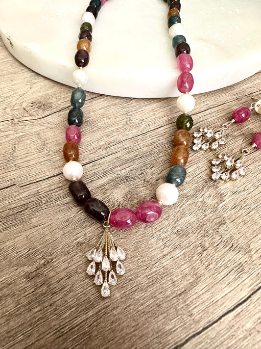 Multicolor Jade Nugget Beads and Freshwater Pearls Beaded Necklace With a Crystal Pendant -Gift-Wedding-Bridesmaids