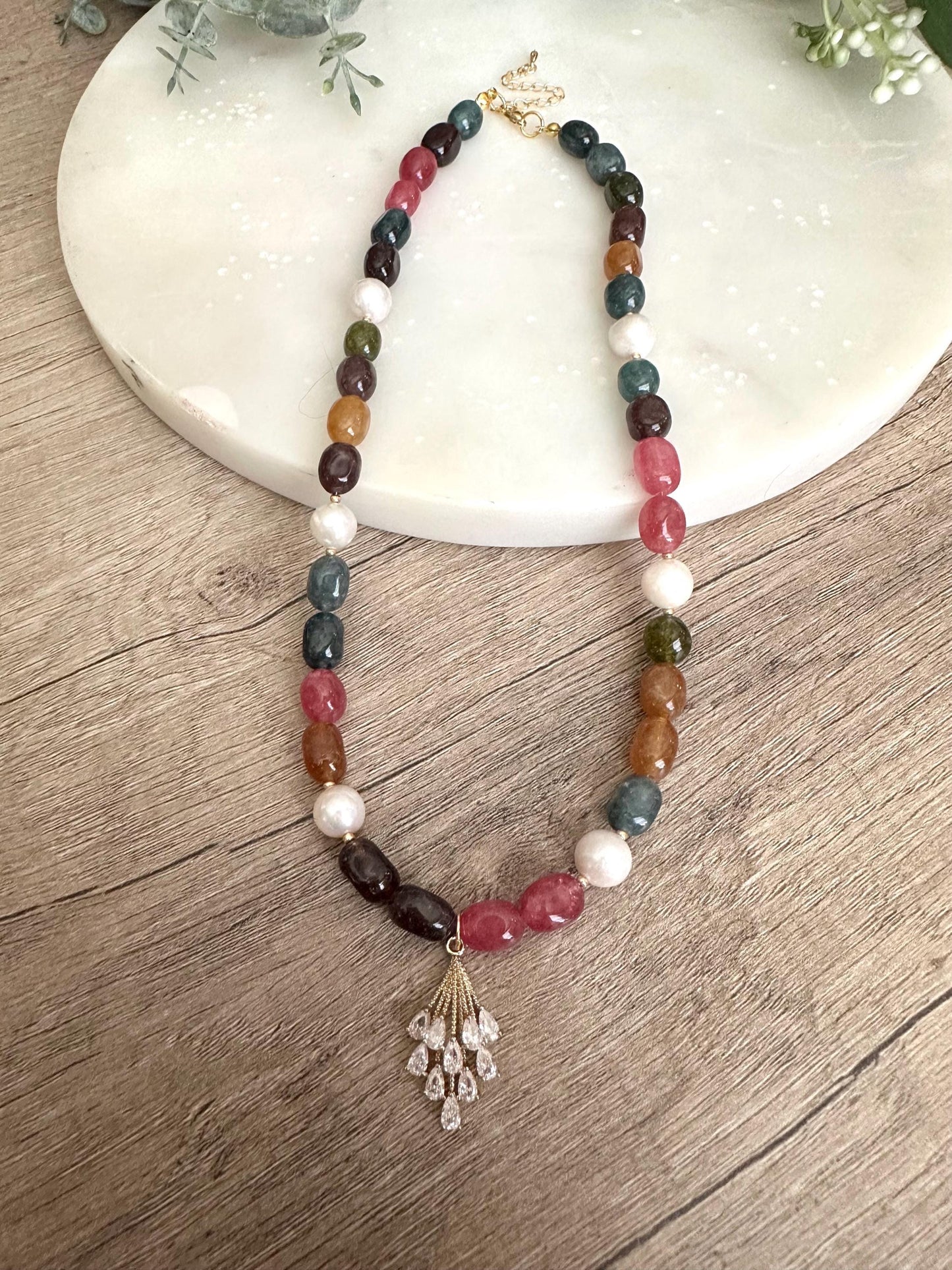 Multicolor Jade Nugget Beads and Freshwater Pearls Beaded Necklace With a Crystal Pendant -Gift-Wedding-Bridesmaids