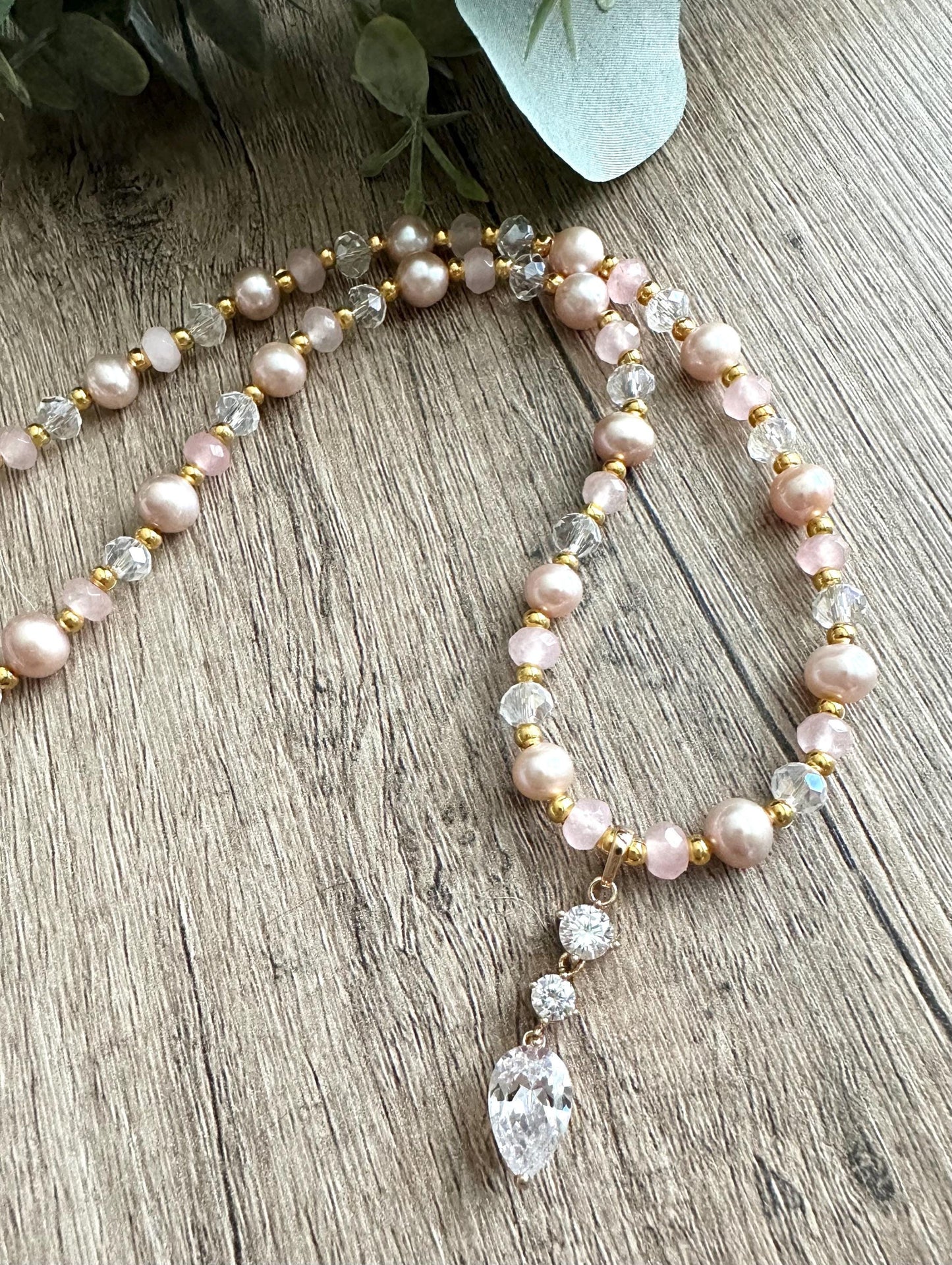 Pink  Beaded CZ Teardrop Pendant Necklace -Gift-Wedding-Bridesmaid