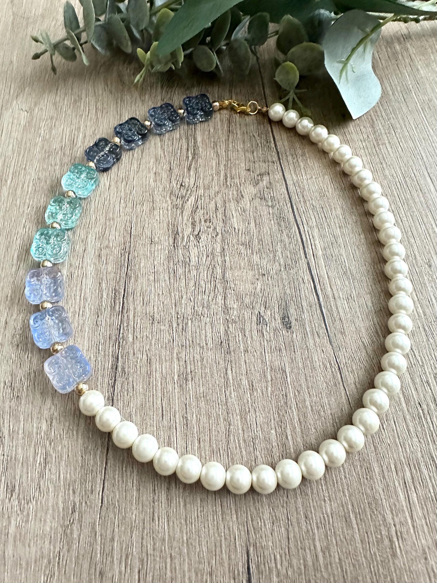 Blue Ombre and Pearls Beaded Necklace -Gift-Wedding-Bridesmaid