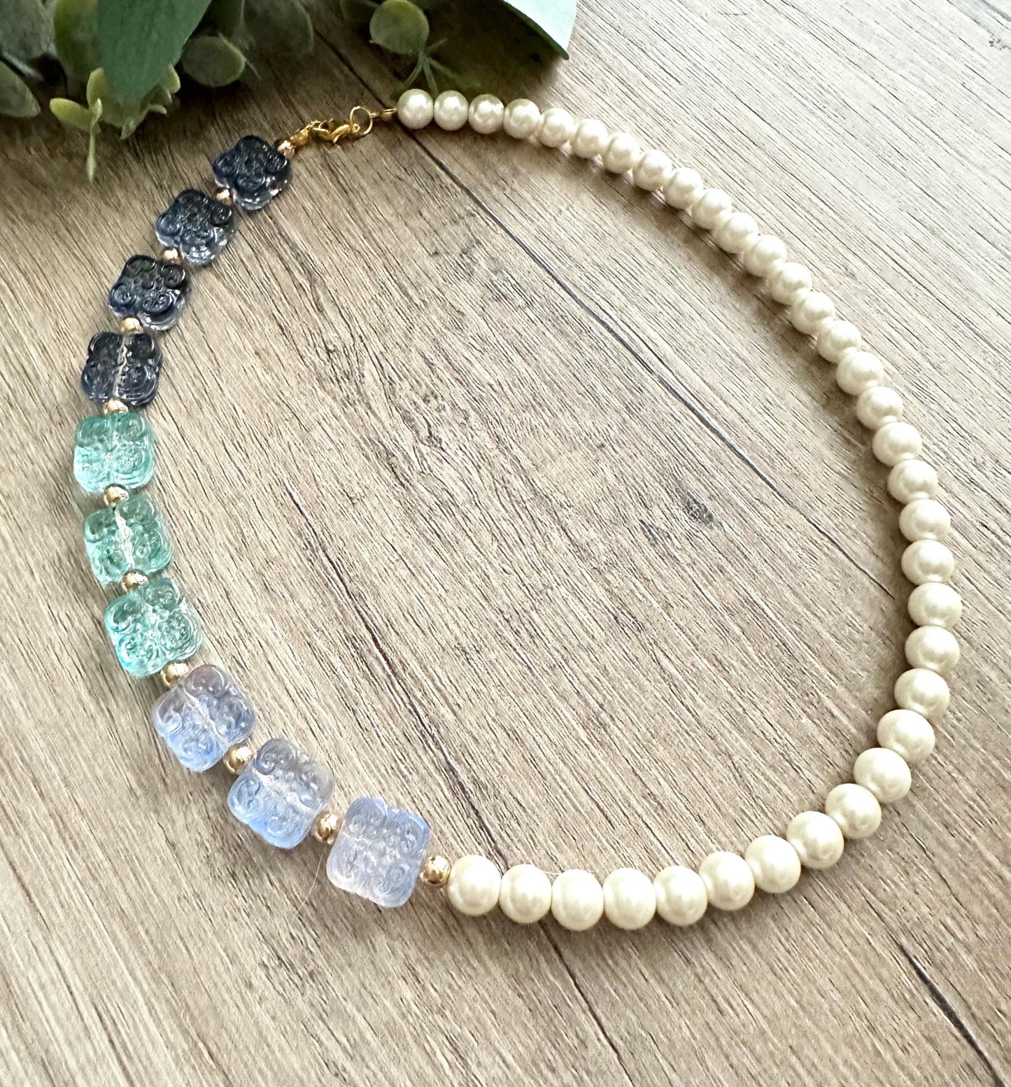 Blue Ombre and Pearls Beaded Necklace -Gift-Wedding-Bridesmaid