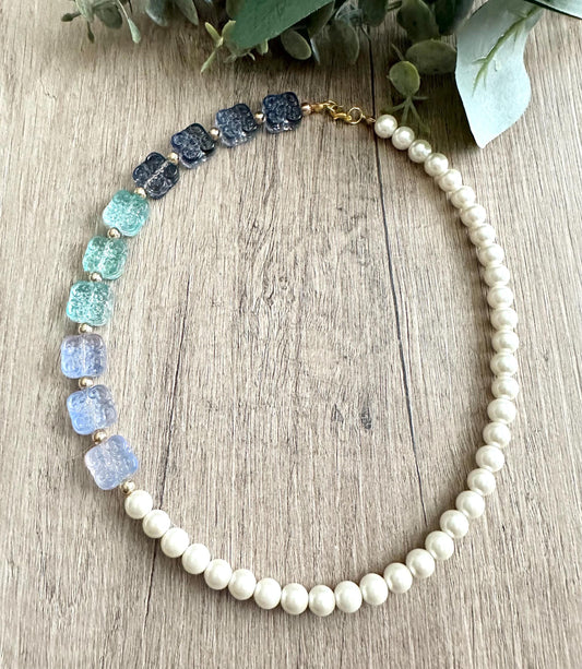 Blue Ombre and Pearls Beaded Necklace -Gift-Wedding-Bridesmaid