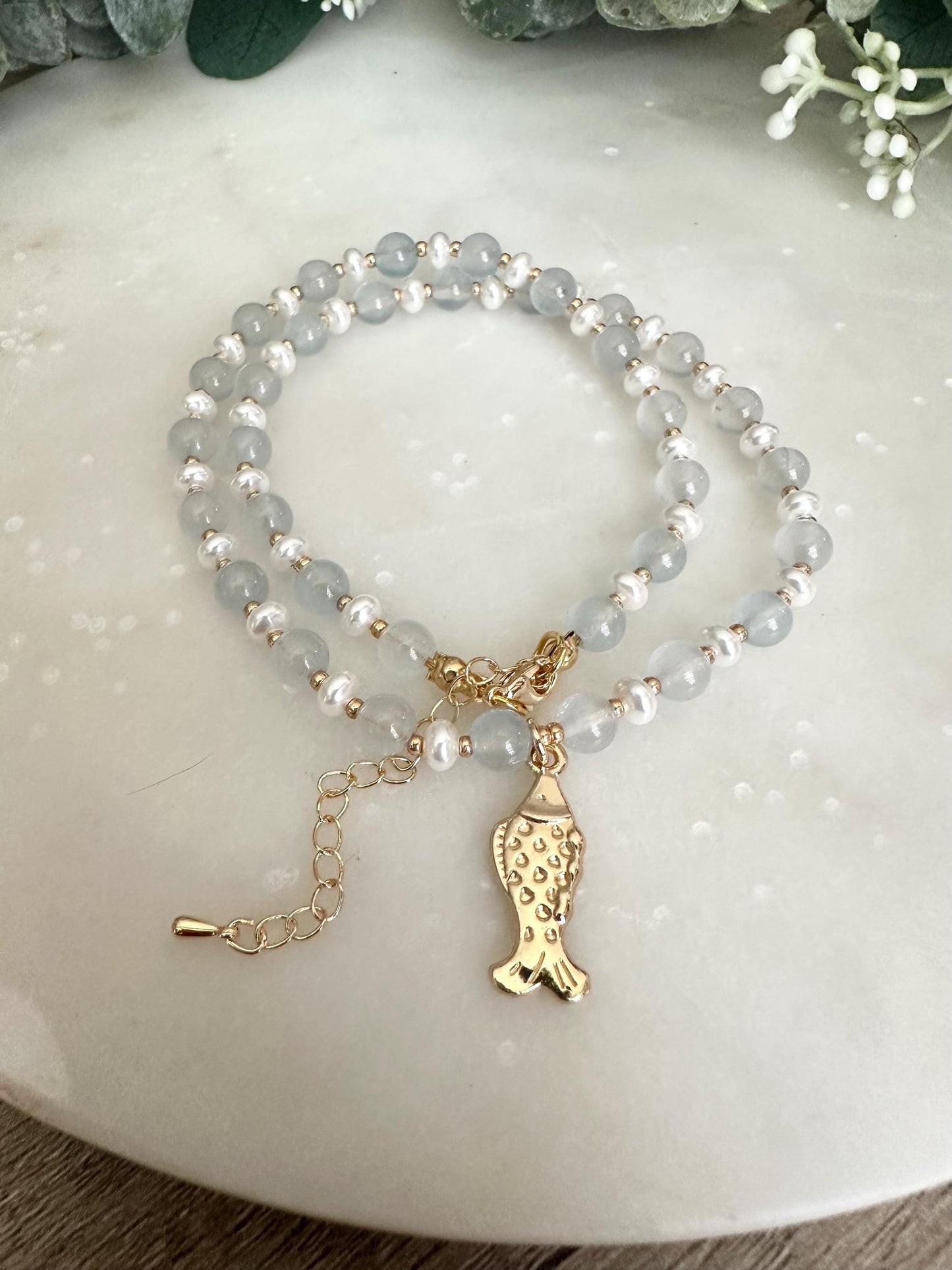 Pale Blue Seaglass and Pearls Beaded Necklace with Fish Pendant-Gift-Wedding-Bridesmaid