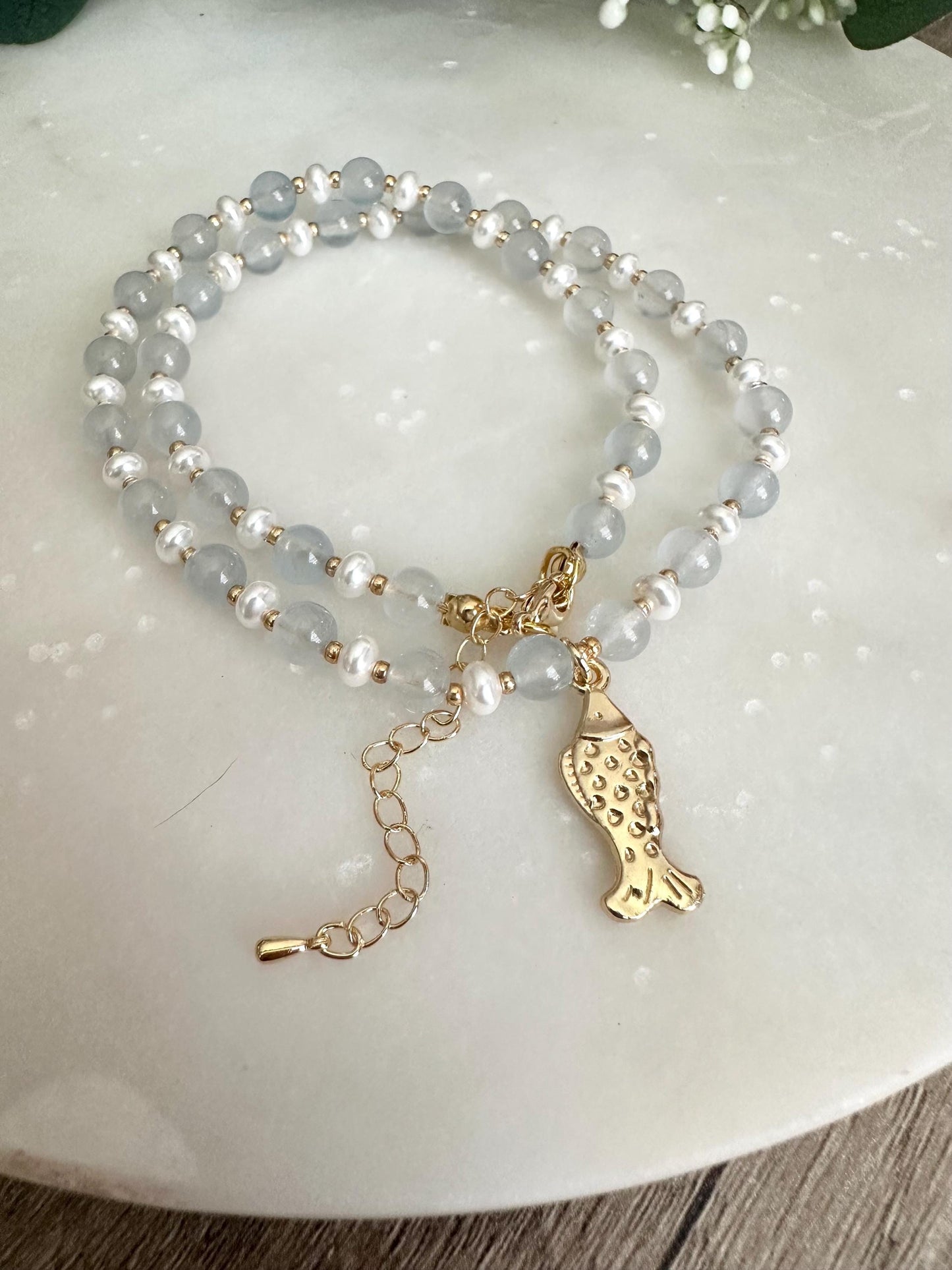 Pale Blue Seaglass and Pearls Beaded Necklace with Fish Pendant-Gift-Wedding-Bridesmaid