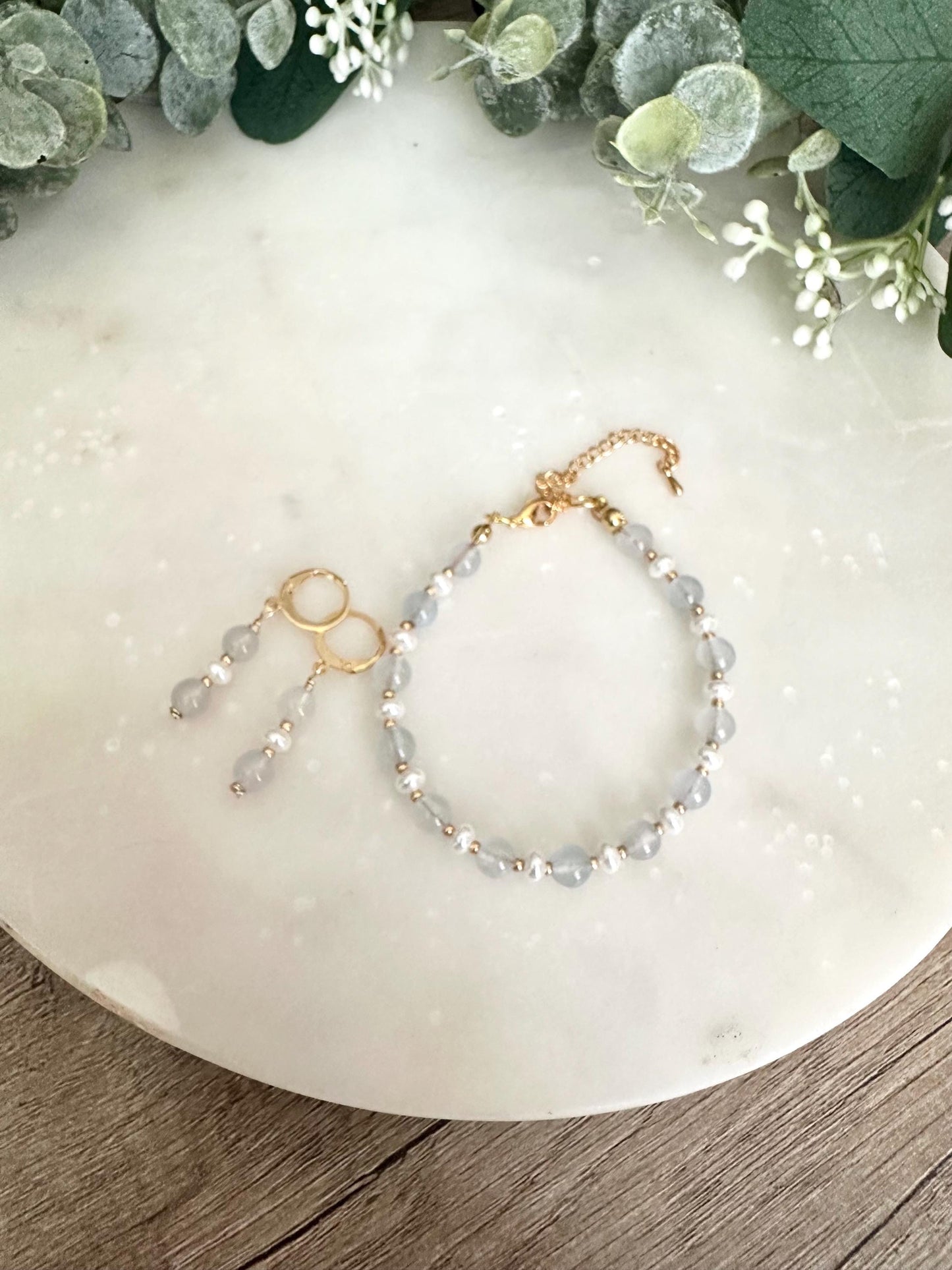 Pale Blue Seaglass and Pearls Beaded Bracelet -Gift-Wedding-Bridesmaid
