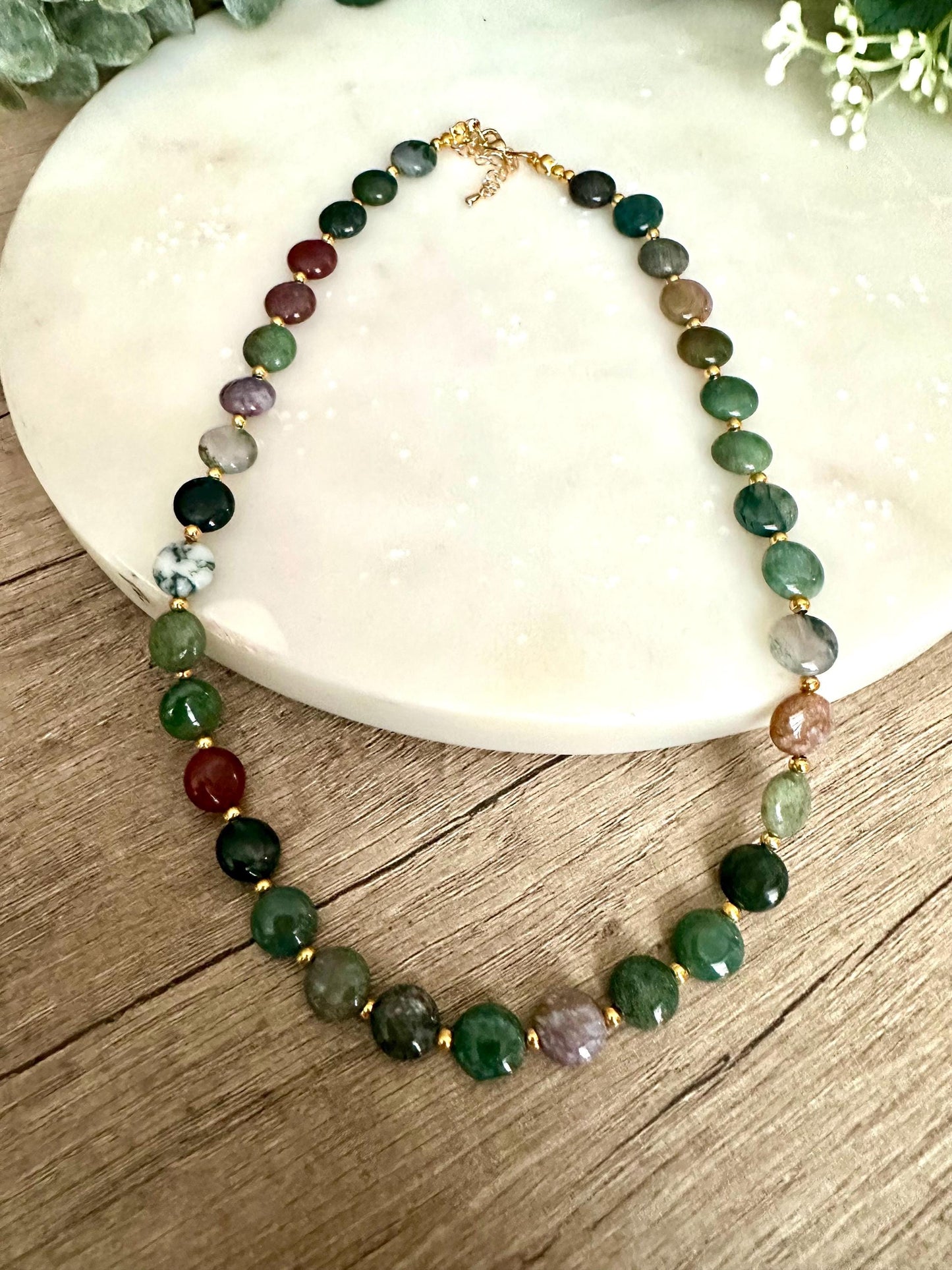 Fall Green Agate Beaded Necklace -Gift-Wedding-Bridesmaid