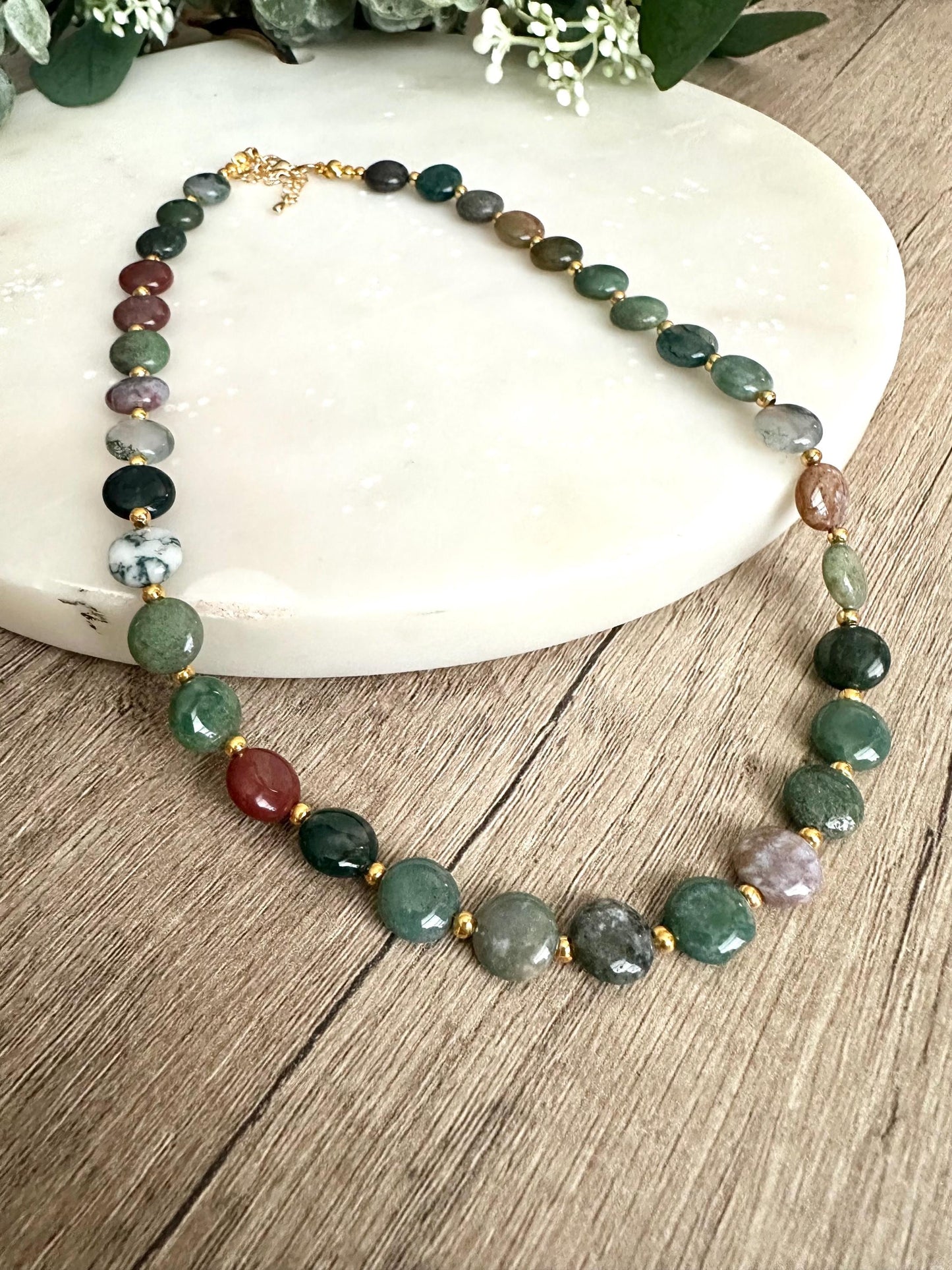 Fall Green Agate Beaded Necklace -Gift-Wedding-Bridesmaid