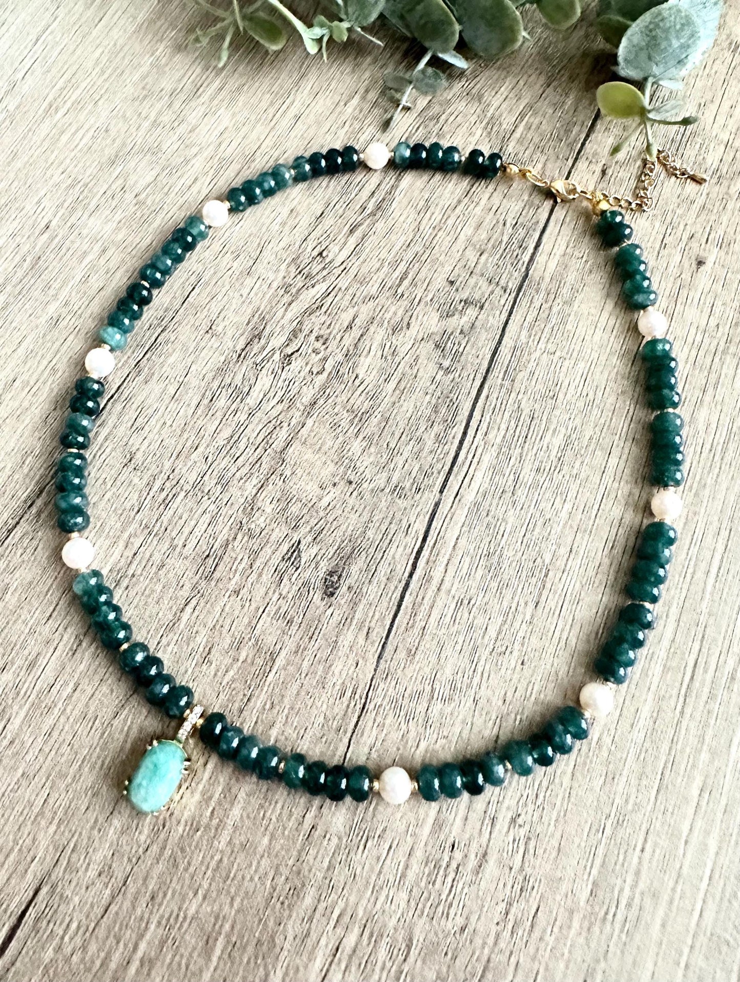 Emerald Green Jade Freshwater Pearls Beaded Necklace -Gift-Wedding-Bridesmaid