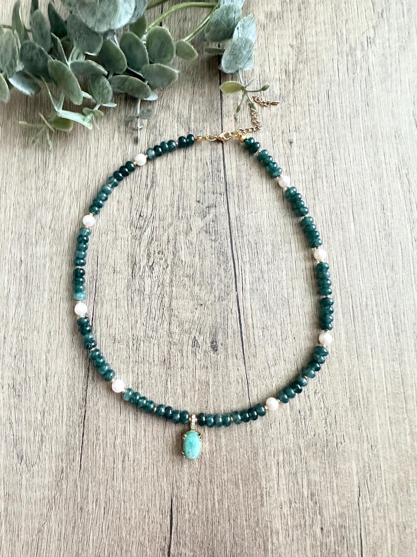 Emerald Green Jade Freshwater Pearls Beaded Necklace -Gift-Wedding-Bridesmaid