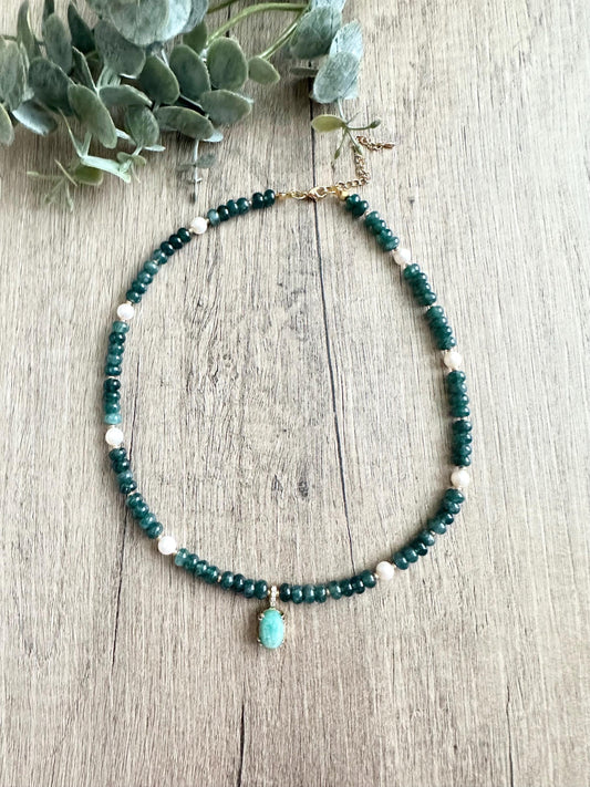 Emerald Green Jade Freshwater Pearls Beaded Necklace -Gift-Wedding-Bridesmaid