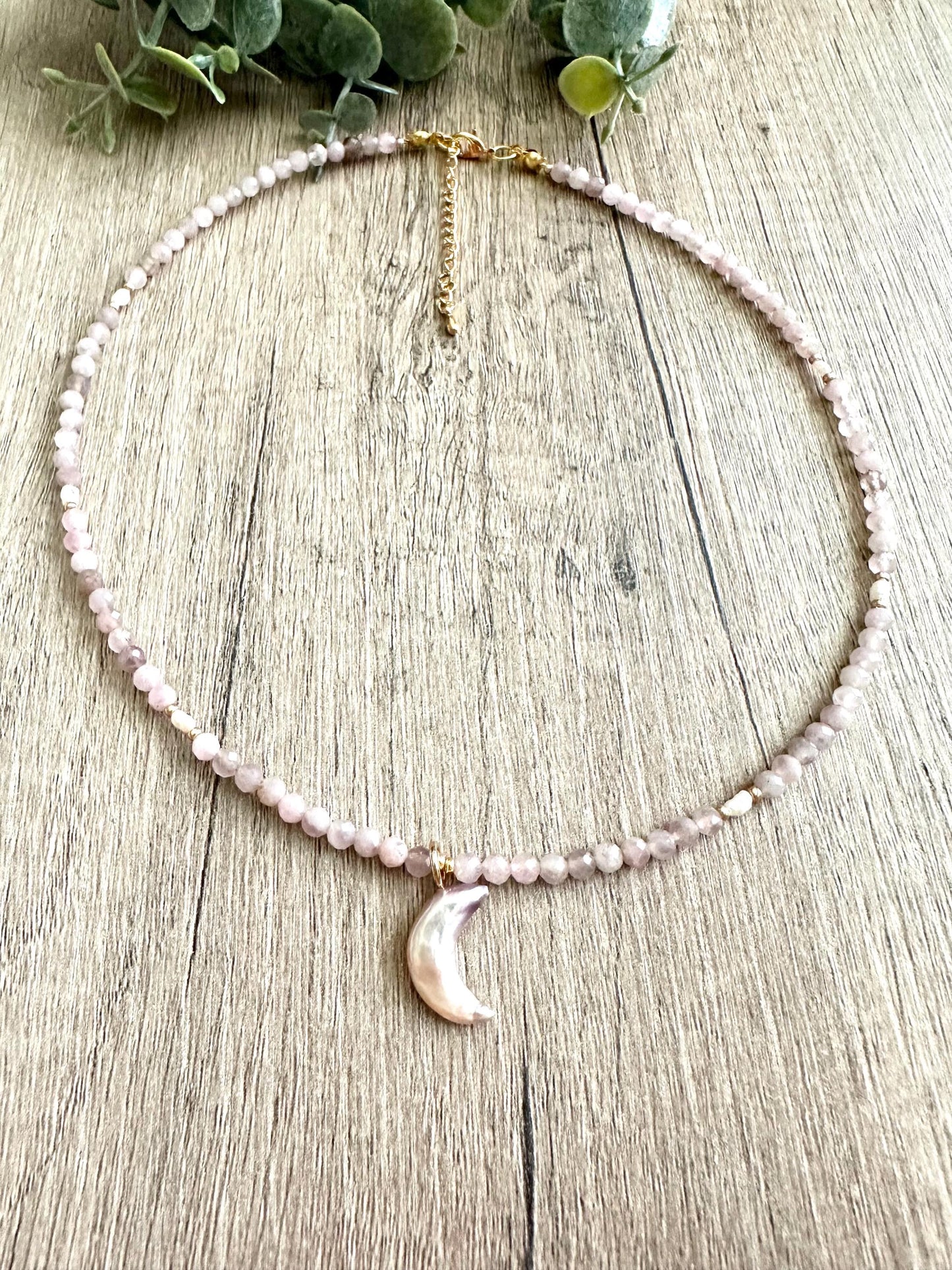 Rose Quartz Freshwater Pearls Beaded Crescent Moon  Necklace -Gift-Wedding-Bridesmaid