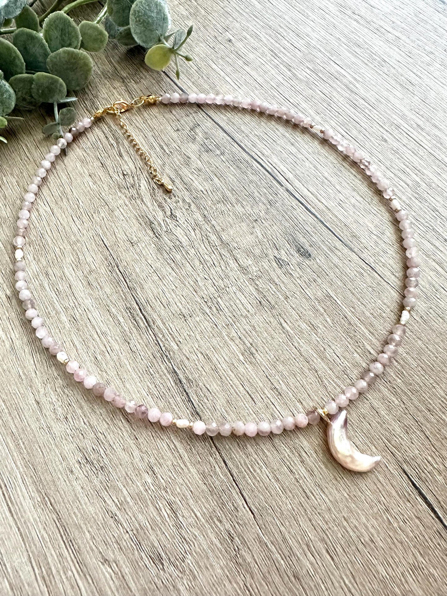 Rose Quartz Freshwater Pearls Beaded Crescent Moon  Necklace -Gift-Wedding-Bridesmaid