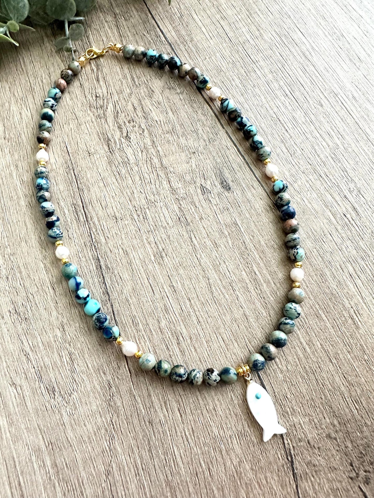 Dark Blue Sea Jasper Beads and Freshwater Pearls Beaded Pearl Fish  Necklace -Gift-Wedding-Bridesmaids
