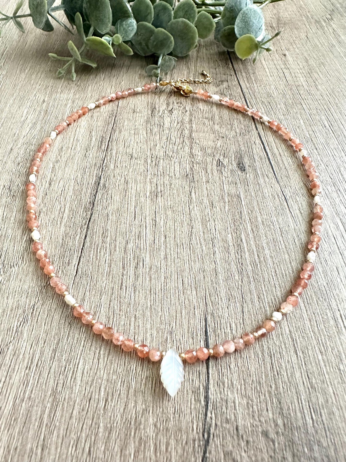 Sunstone and Freshwater Pearls Beaded Pearl Leaf Necklace -Gift-Wedding-Bridesmaid