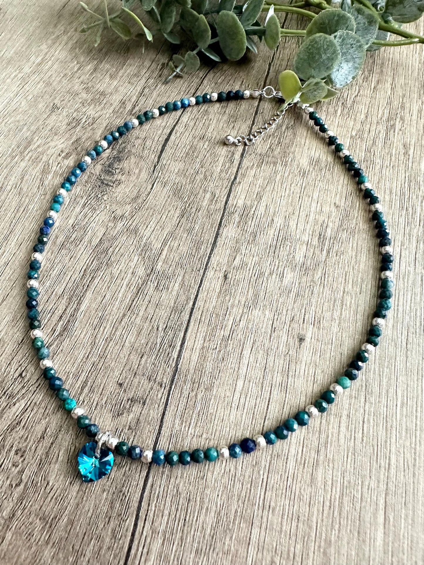Chrysocolla Faceted Beads with Swarovski Crystal Heart Silver Necklace -Gift-Wedding-Bridesmaid