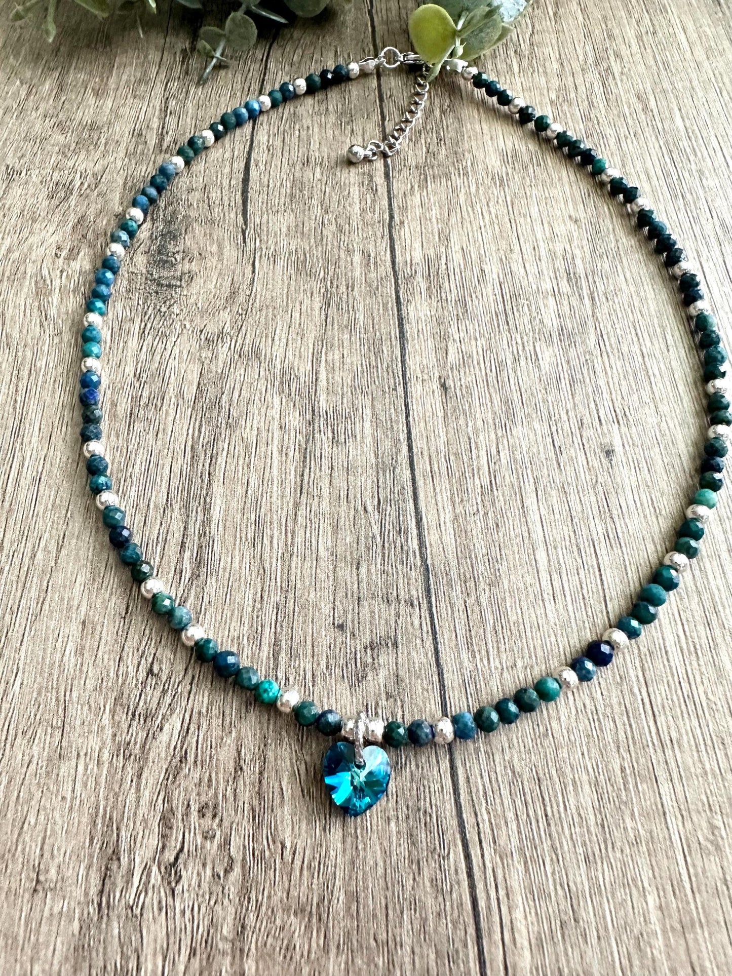 Chrysocolla Faceted Beads with Swarovski Crystal Heart Silver Necklace -Gift-Wedding-Bridesmaid