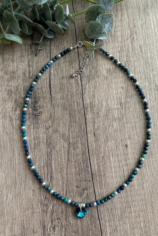 Chrysocolla Faceted Beads with Swarovski Crystal Heart Silver Necklace -Gift-Wedding-Bridesmaid