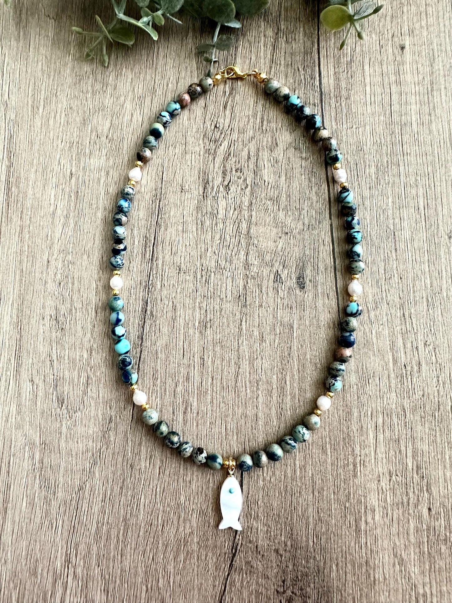 Dark Blue Sea Jasper Beads and Freshwater Pearls Beaded Pearl Fish  Necklace -Gift-Wedding-Bridesmaids