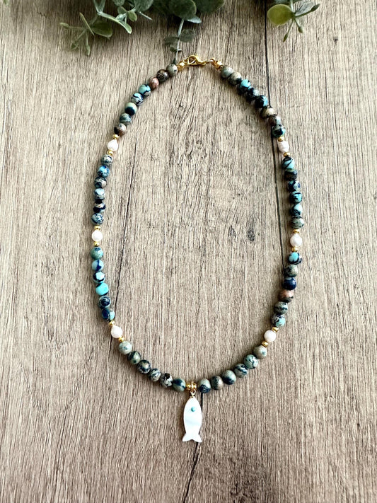 Dark Blue Sea Jasper Beads and Freshwater Pearls Beaded Pearl Fish  Necklace -Gift-Wedding-Bridesmaids