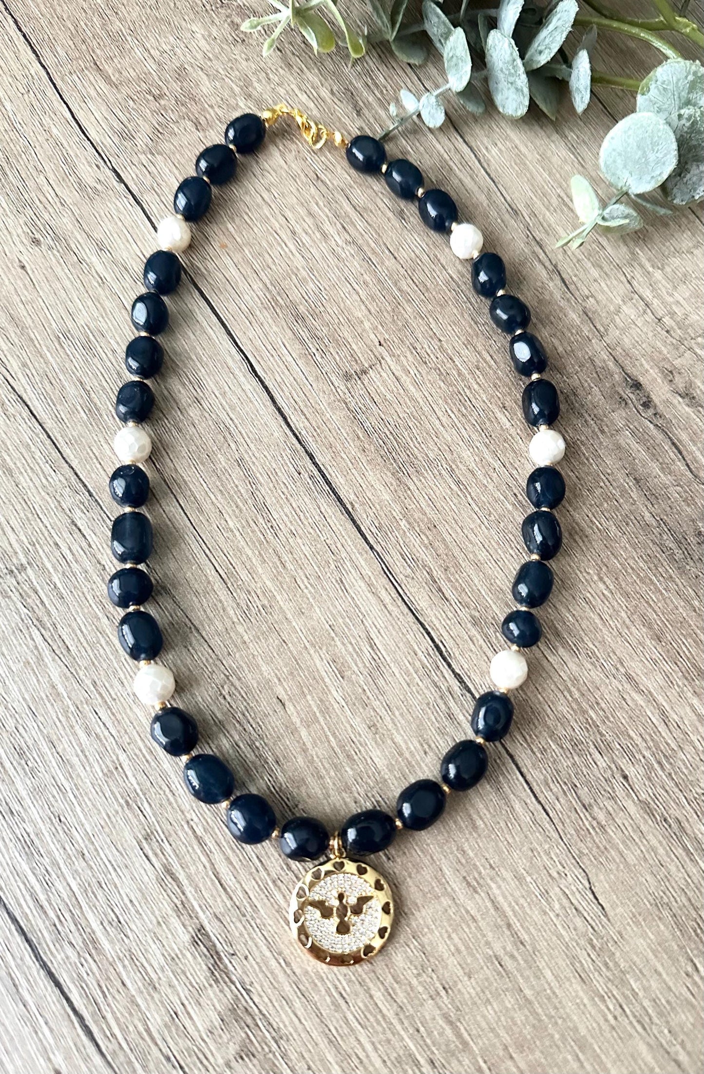 Dark Blue Jade with Freshwater Pearls Dove Pendant Beaded Necklace -Gift-Wedding-Bridesmaid