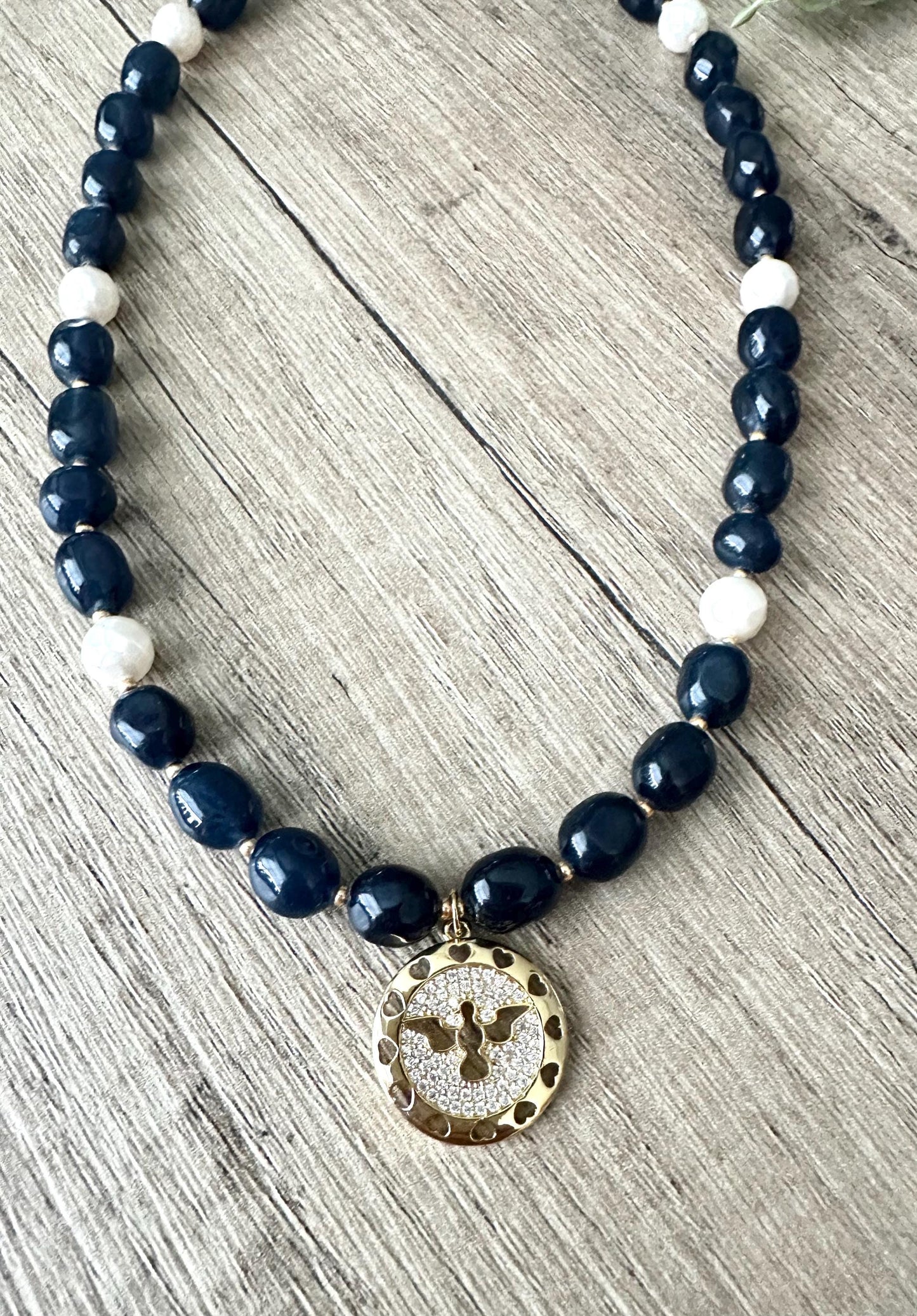 Dark Blue Jade with Freshwater Pearls Dove Pendant Beaded Necklace -Gift-Wedding-Bridesmaid