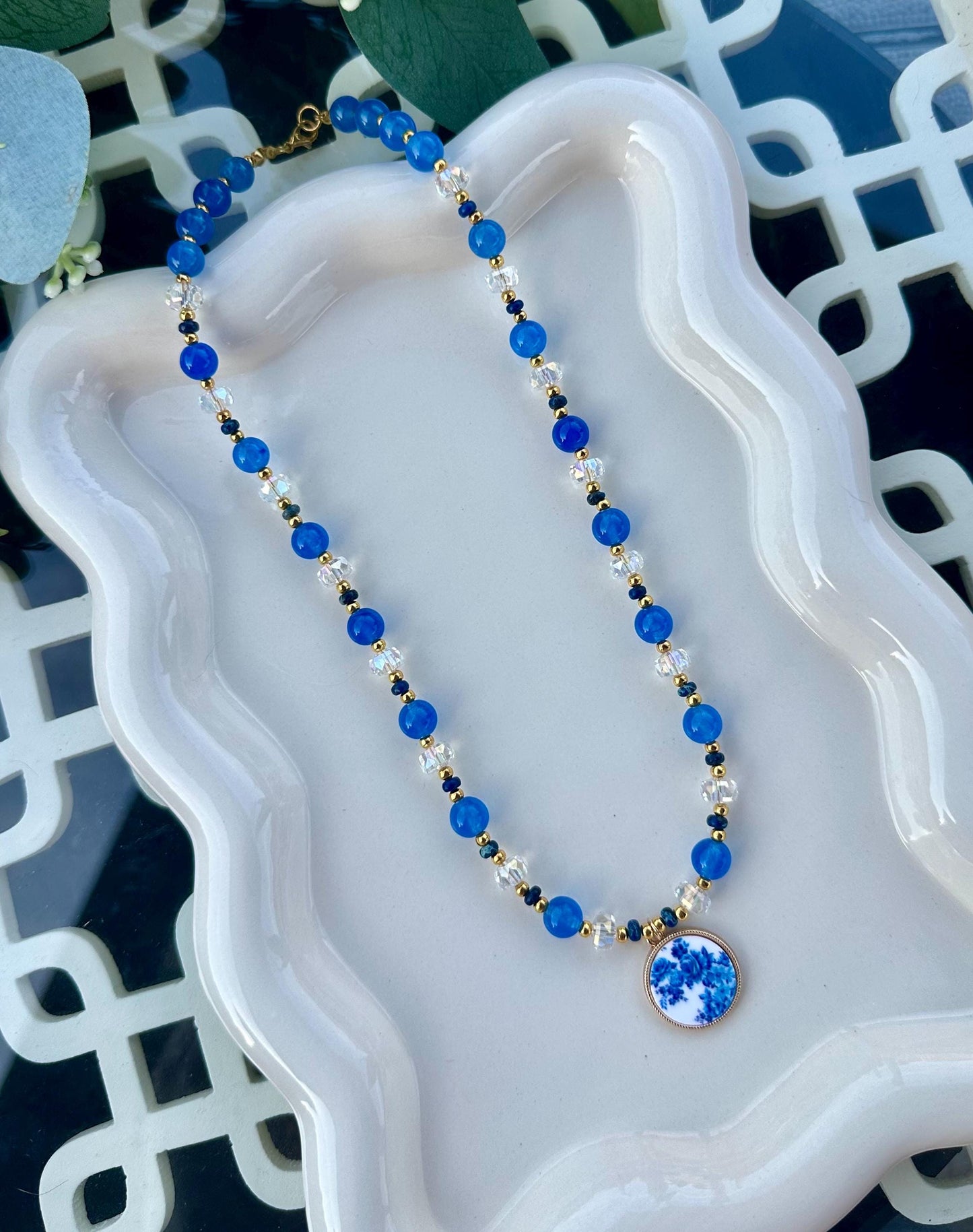 Blue Beaded With Porcelain Floral Pendant  Necklace -Gift-Wedding-Bridesmaid