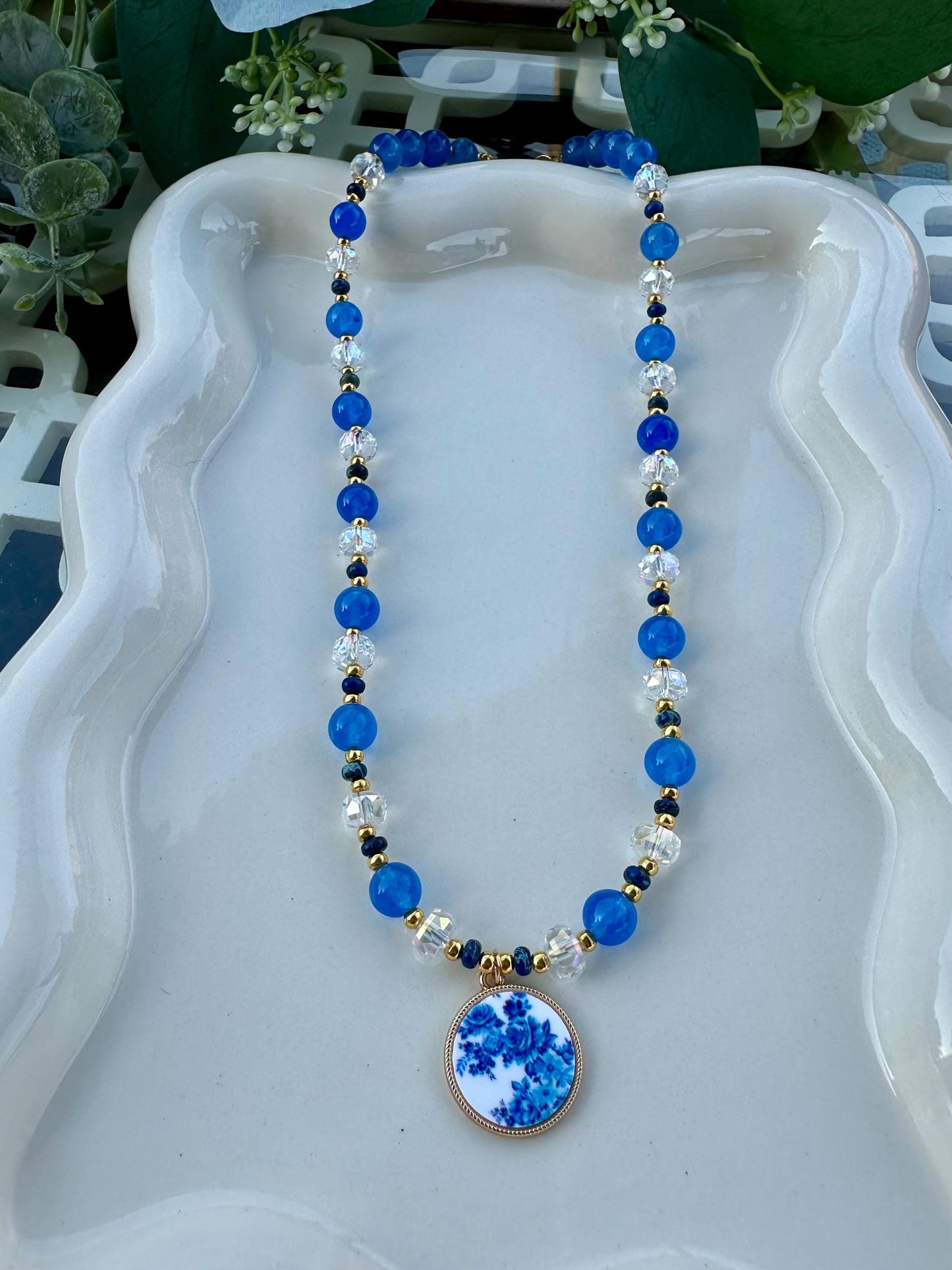 Blue Beaded With Porcelain Floral Pendant  Necklace -Gift-Wedding-Bridesmaid