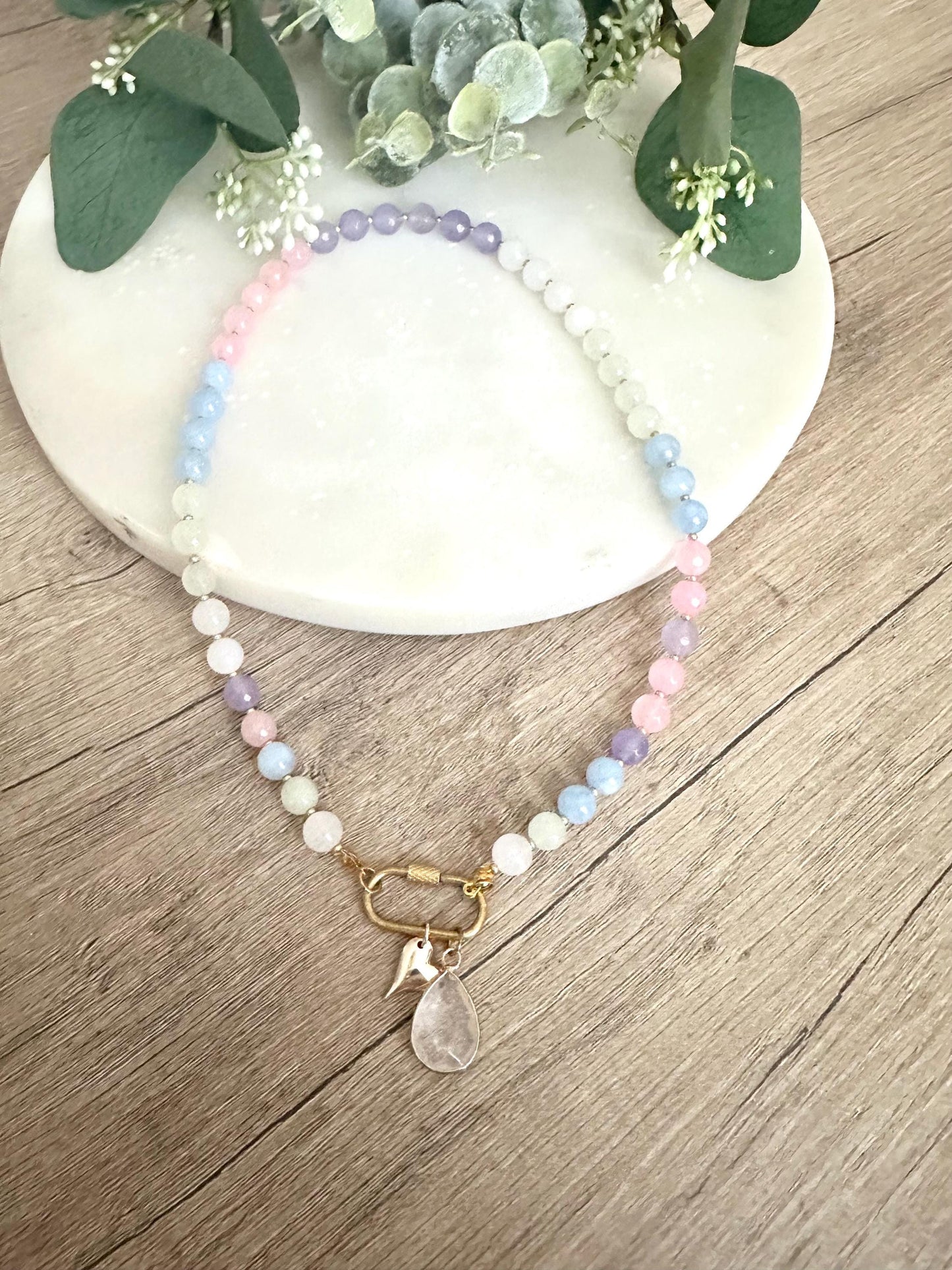 Pastel Multicolor Pink Purple Green Blue Beaded Necklace -Gift-Wedding-Bridesmaid