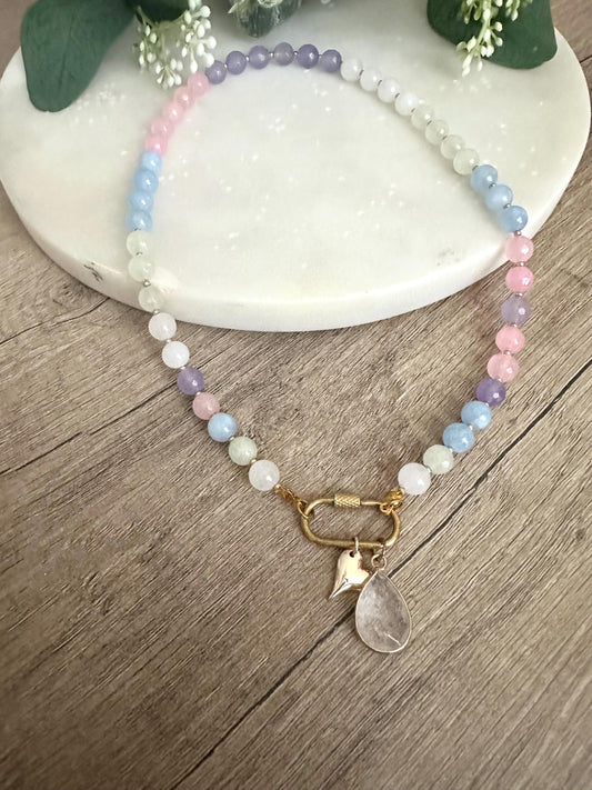 Pastel Multicolor Pink Purple Green Blue Beaded Necklace -Gift-Wedding-Bridesmaid