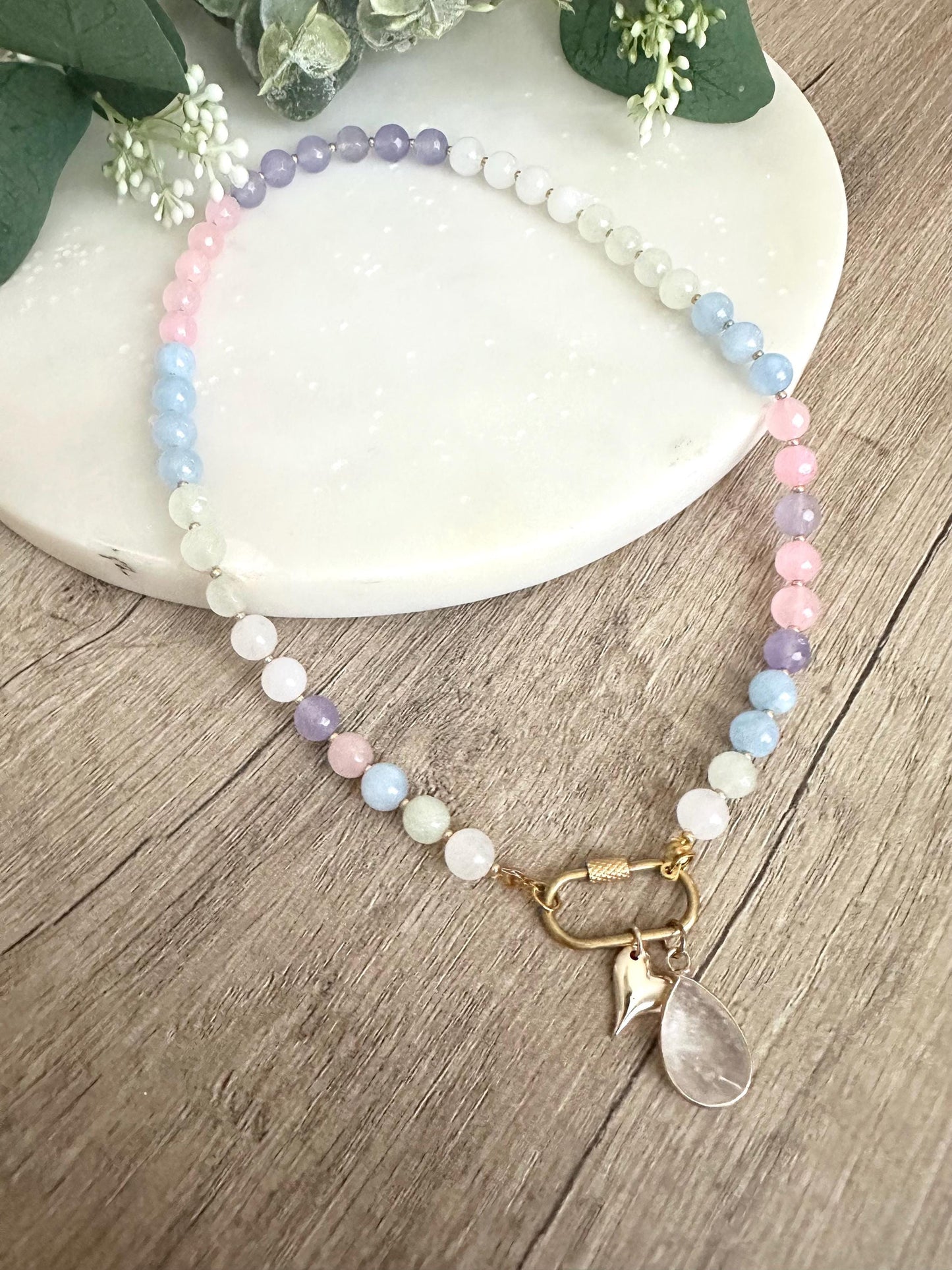 Pastel Multicolor Pink Purple Green Blue Beaded Necklace -Gift-Wedding-Bridesmaid